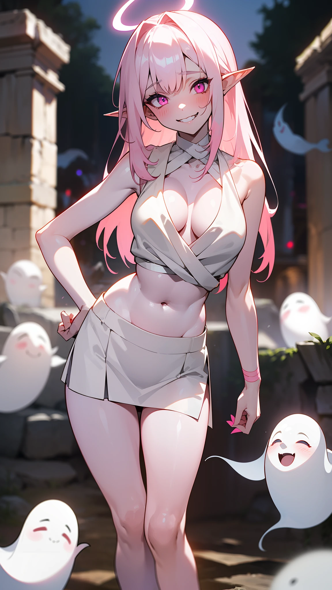 Original Character,8k, Masterpiece, Best Quality,Detailed, Beautiful Detailed Eyes,fine skin,cinematic composition,,1vampire girl,solo,pink eyes,white hair, long hair,(((paper-colored skin,colored skin))),(pink halo),sharp teeth,large breasts,(show belly),(only white sleeveless and shoulderless t-shirt),(cleavage),Japanese school white skirt,bare foots,sexy,sensual,elf ear,blush,((standing in front a stones ruins in night,cutes ghosts around)),night,(pink halo),white skin,colored skin,crazy Eyes,Crazy Smile, Shaded Face,yandere, yandere trance, empty eyes, wide-eyed,teeths,closed mouth
