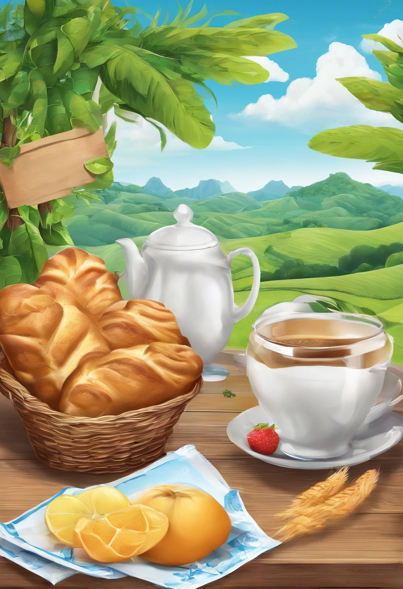 There was bread on the wooden table,drink,for breakfast,the fruits,Blue sky and white clouds,Idyllic