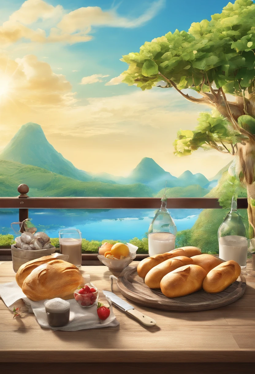 There was bread on the wooden table,drink,for breakfast,the fruits,Blue sky and white clouds,Idyllic