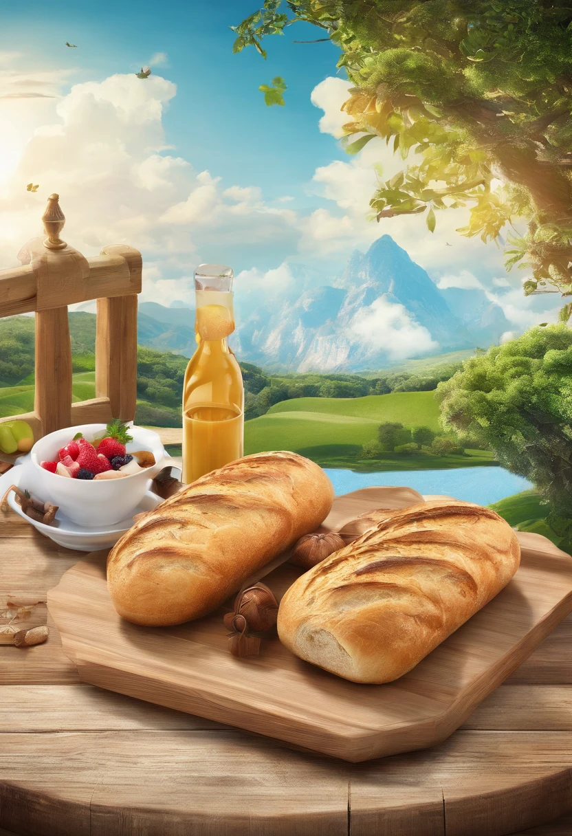 There was bread on the wooden table，drink，for breakfast，the fruits，Blue sky and white clouds，Idyllic