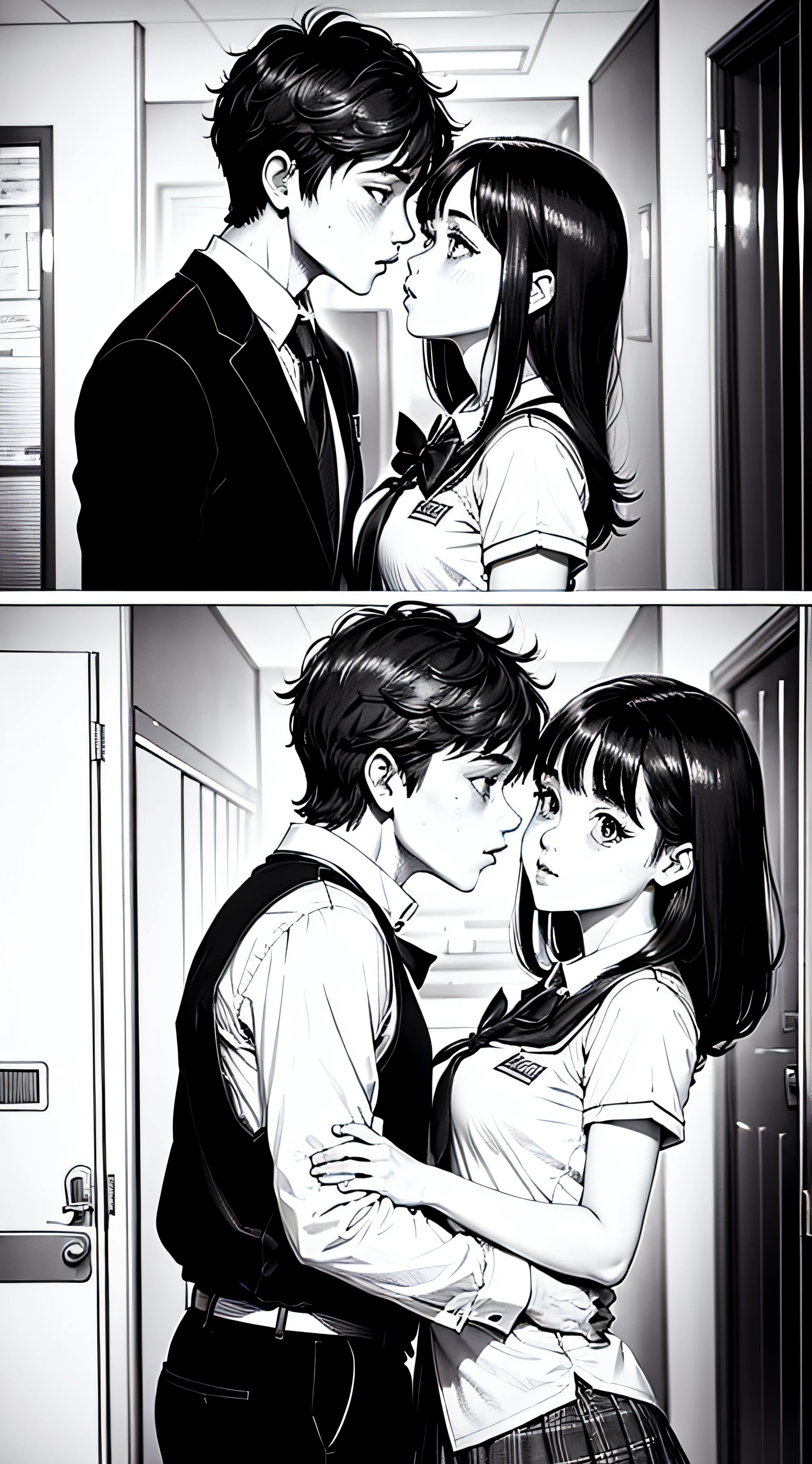 manga art, lineart, monochrome, a boy holding a girl's face, about to kiss, looking at each other, wearing school uniforms, at the school entrance, girl with shoulder-length black hair