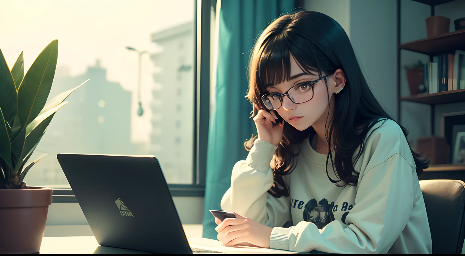 create a scenario with a girl with glasses, wearing a sweatshirt studying concentrated at a desk decorated with plants, a cup of coffee, with a lofi style in cold colors, with neon lights
