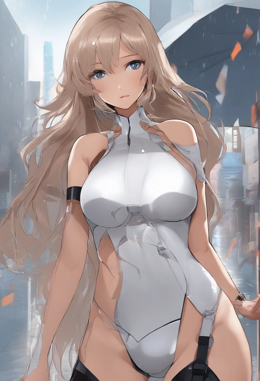 ((Best quality, 8k, Masterpiece: 1.3)), Sharp focus: 1.2, A beautiful woman with perfect body: 1.4, Slim abdomen: 1.2, ((Layered haircut, Large breasts: 1.2)), (no bra) (Small and beautiful hard nipple) (Thin and damp button up to shirt length: 1.1), (White shirt wet by rain), (Rain, Street: 1.2), Wet body: 1.1, Highly detailed face and skin texture,  Detailed eyes, Double eyelid, tanned skin, sexy, tan
