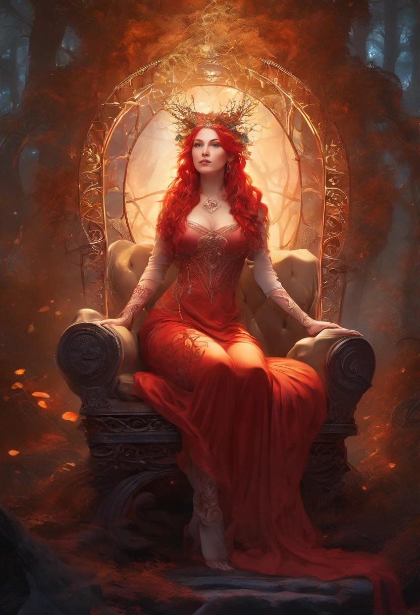 Bold graphic illustration, glowing filigree constellation tattoos, dark fantasy, full body shot of a lovely curvy voluptuous busty white woman with red dreadlocks on a throne in a enchanted forest