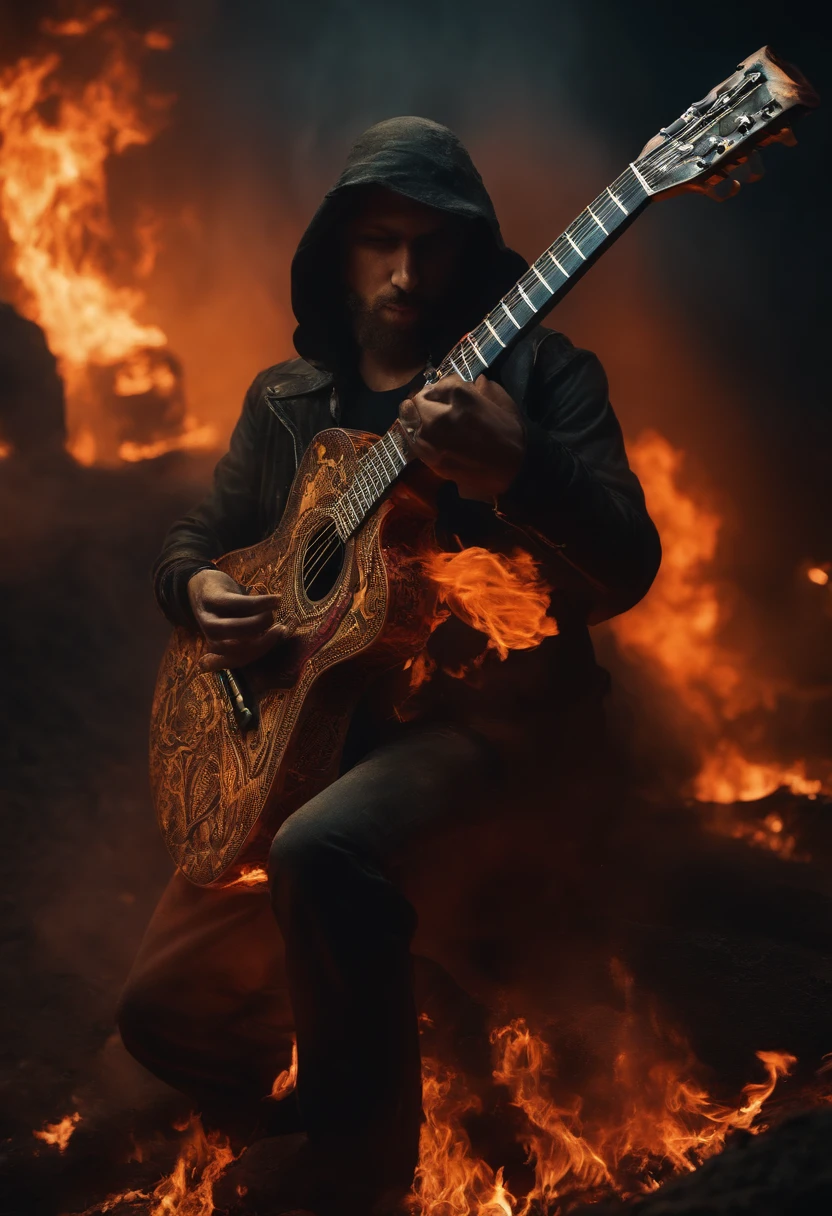 caveira, tocando guitarra, tatuada, in apocalyptic scenario, Fire from Heaven