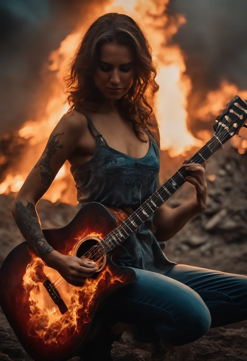 caveira, tocando guitarra, tatuada, in apocalyptic scenario, Fire from Heaven