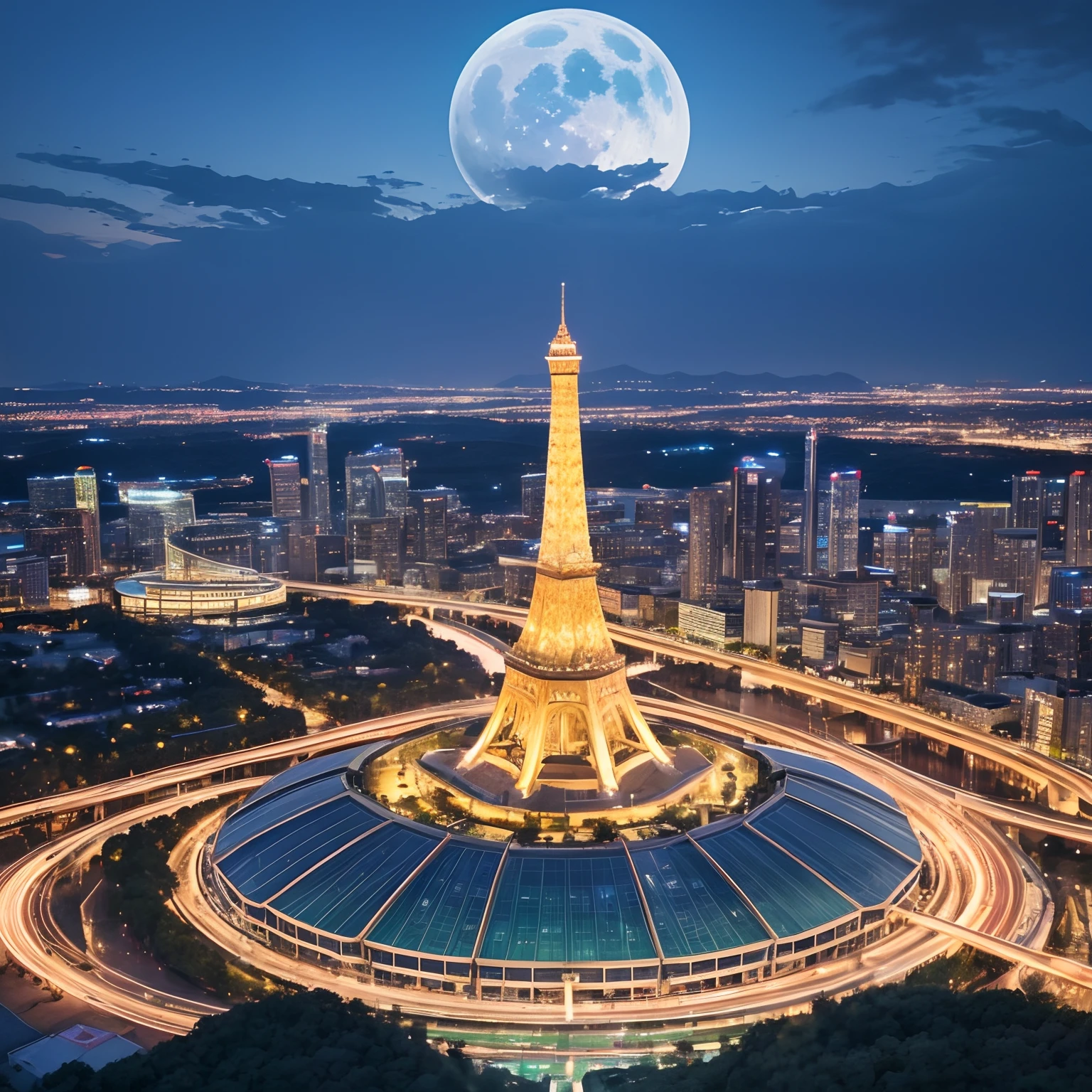 from above, very wide shot, finest image, detailed and delicate depiction, A huge building with a very tall conical shape, covered in glass with an iridescent chrome-plated skeleton, and the top of its head is round and red. The sound of a river flowing from the mountains, the blue-green sea, high rock walls, and suspension bridges. Landmark, huge commercial facility. background, neon lights, a sky full of stars shining in the night sky, moon, professional lighting