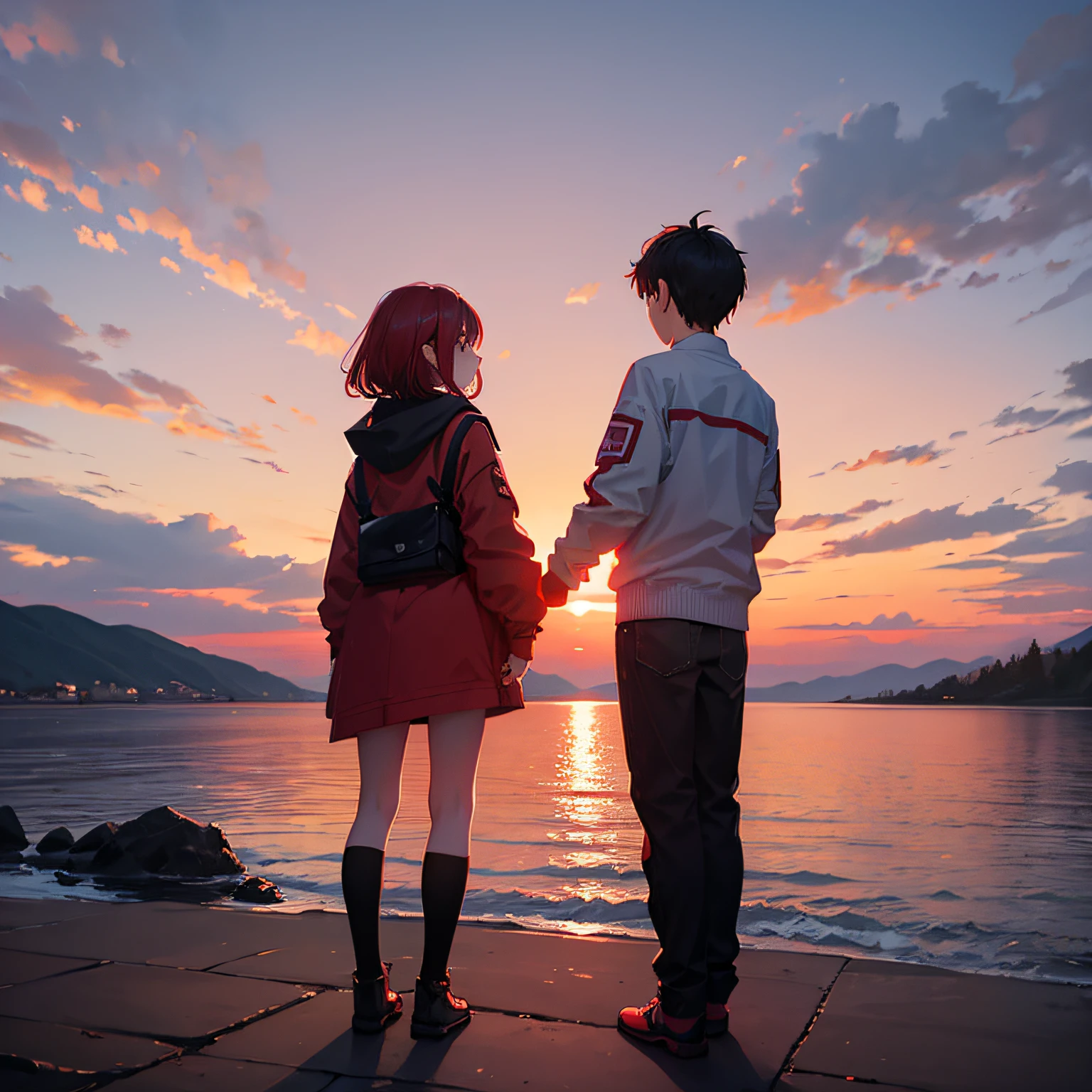 Gaze at the red sky at sunrise, 1boy and 1girl. posterior view, See the two of them from a distance