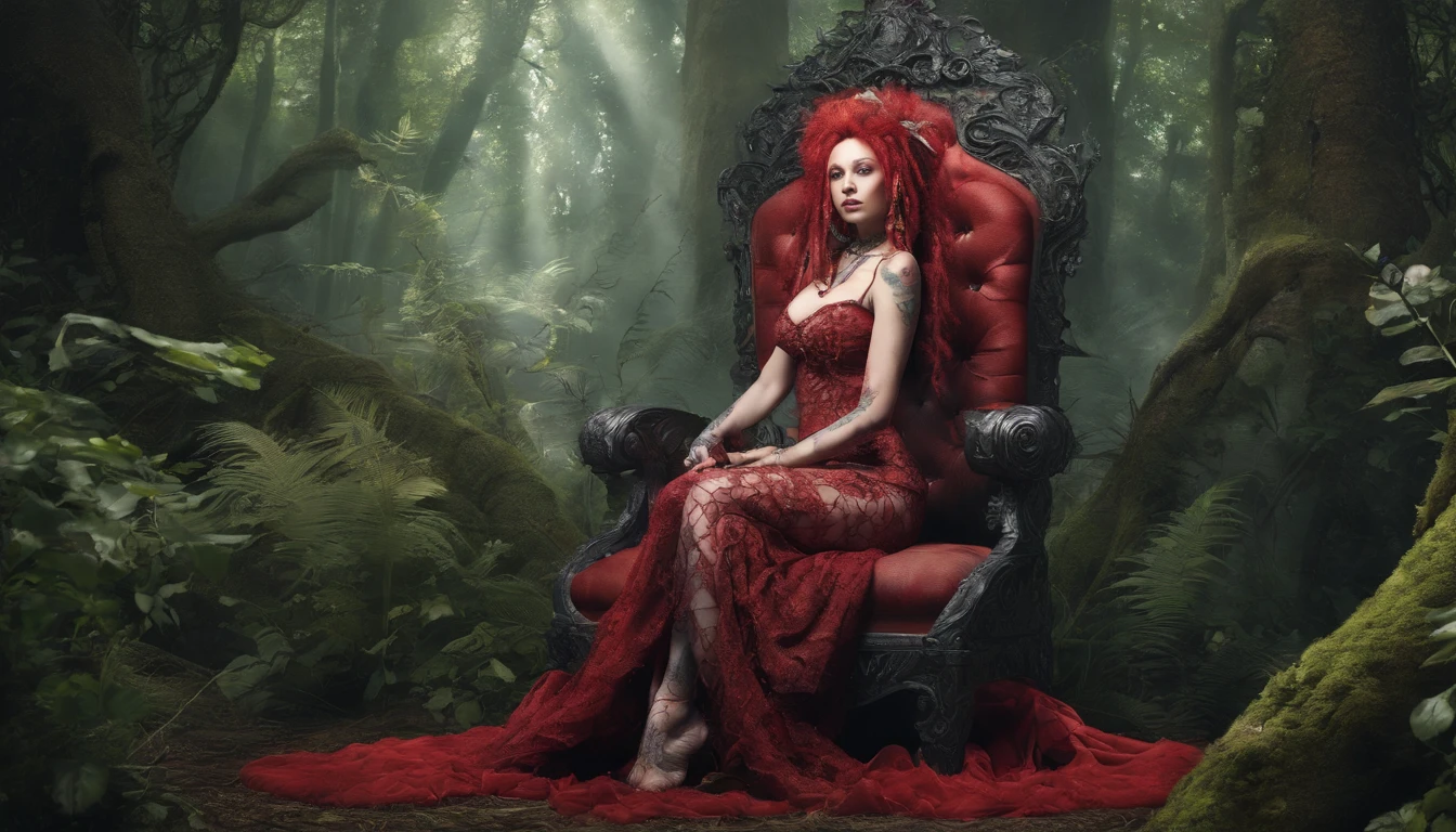 Bold graphic illustration, Bright tattoos of the constellation of Filigree, fantasia sombria, Full body photo of an adorable voluptuous and curvy white woman with red dreadlocks on a throne in an enchanted forest
