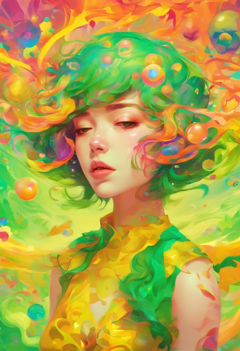 ((top-quality, 8K)), (Realistic), (Face Focus: 1.1), (green and yellow: 1.3), Kawaii Girl, short-hair, Body from the waist up, Hair fluttering in the wind, Facing to the side, Look up at your face, Eyes closed, (Sleeveless: 1.1), Skirt, D Cup Breasts, Countless soap bubbles,