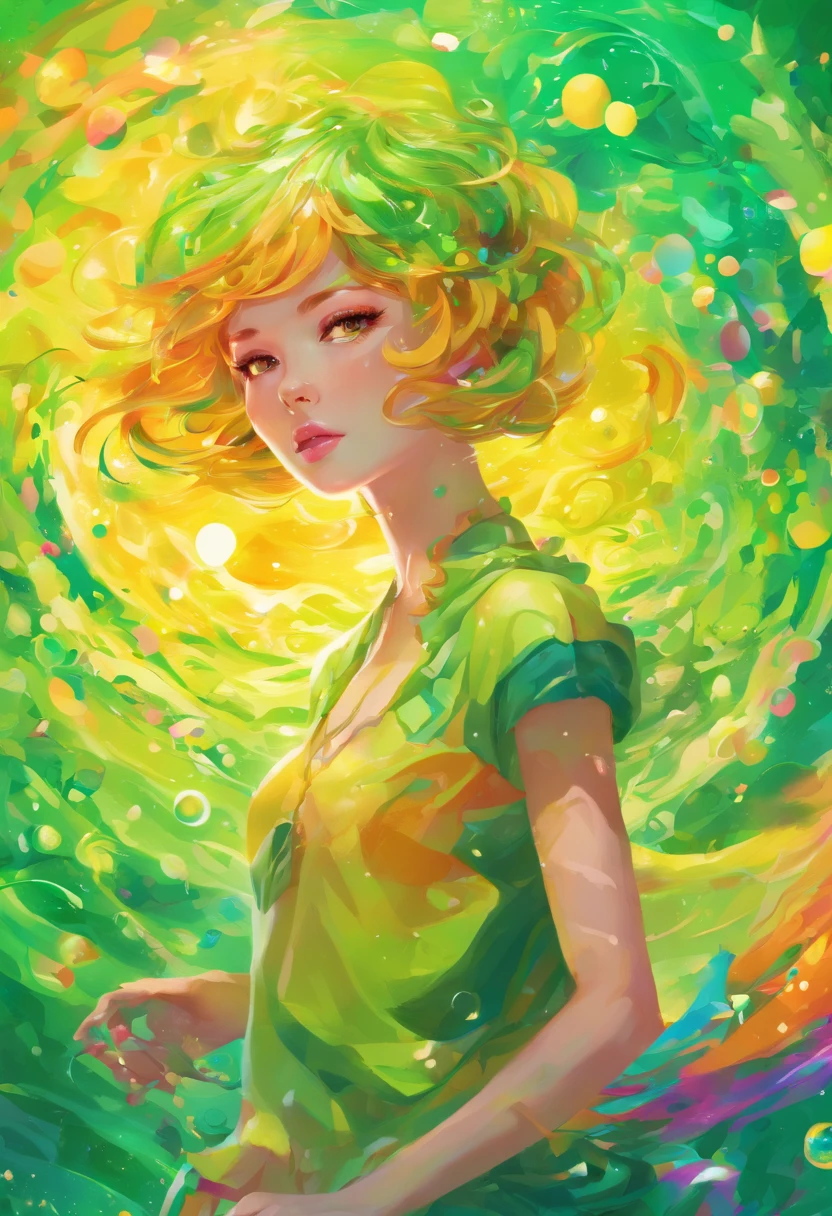 ((top-quality, 8K)), (Realistic), (Face Focus: 1.1), (green and yellow: 1.3), Kawaii Girl, short-hair, Body from the waist up, Hair fluttering in the wind, Facing to the side, Look up at your face, Eyes closed, (Sleeveless: 1.1), Skirt, D Cup Breasts, Countless soap bubbles,