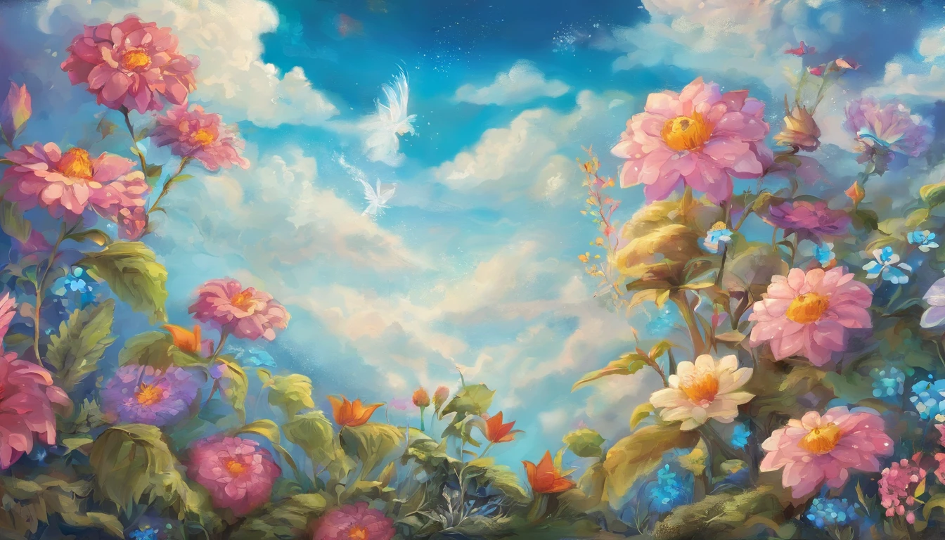 Colorful flowers and plants,Blue sky and white clouds