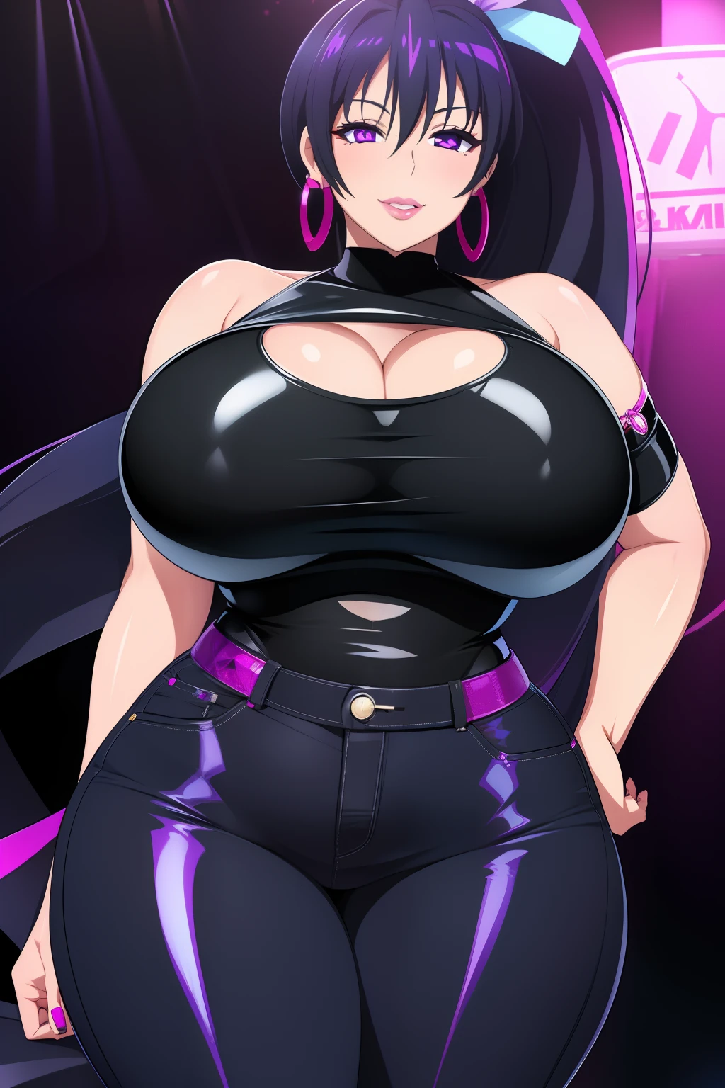 Akeno Himejima, 1girl, (((bimbo))), long blue gray hair, purple eyes, ear rings, (((bimbo))), puffy lips, painted lips, thick lips, smile face, wide hips, thick thighs, huge natural breasts, black latex jeans, black top