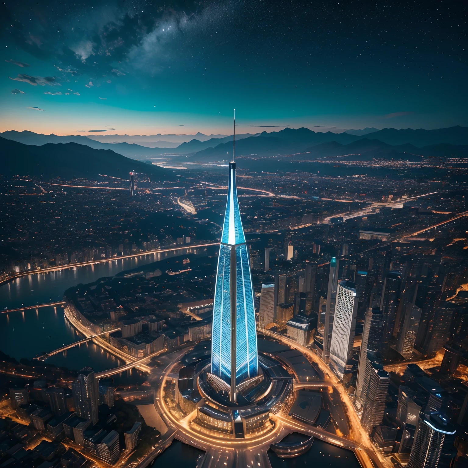 from above, very wide shot, finest image, detailed and delicate depiction, A huge building with a very tall conical shape, covered in glass with an iridescent chrome-plated skeleton, and the top of its head is round and red. The sound of a river flowing from the mountains, the blue-green sea, high rock walls, and suspension bridges. Landmark, huge commercial facility. background, neon lights, a sky full of stars shining in the night sky, moon, professional lighting