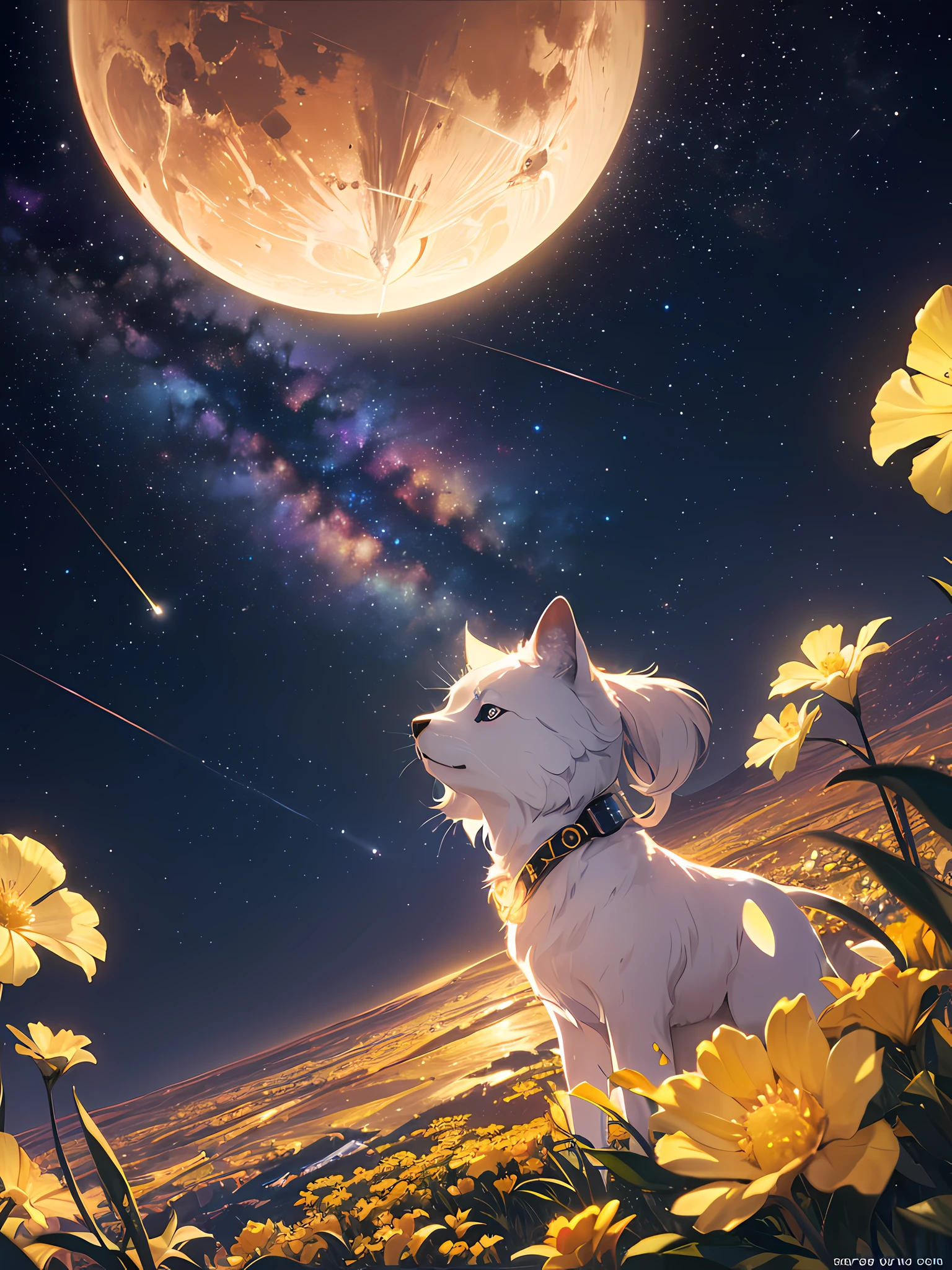 Saturn in the starry sky between nebulas, skyward cliff tip, yellow and white flower trees, (ultra-realistic), {extremely detailed 8k CG unit wallpaper}, expansive landscape photography, (a low view that prioritizes character and setting, (wide view of open field), (low angle shot), (high light: 1.5), (low light: 1.0), (warm light source: 1.0), complex details, (colors iridescent: 1.5), (bright lighting), (atmospheric lighting), surreal, magical, landscape
