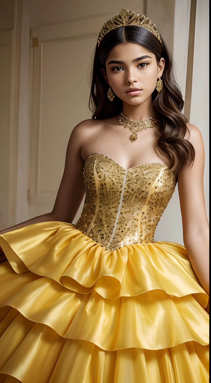 It generates an image of a 15-year-old girl, dressed in a dazzling yellow quinceañera dress with gold sparkles. Her appearance is worthy of a Peter Lindbergh-style magazine cover, with a focus on elegance and fashion. She is standing, full-length, and her hair flows gracefully while her gaze conveys confidence and youth. The lighting highlights her features in a subtle but impactful way. The background is minimalist to highlight the beauty and sophistication of it. This image captures the essence of youth and elegance, like a work of art in the fashion industry.