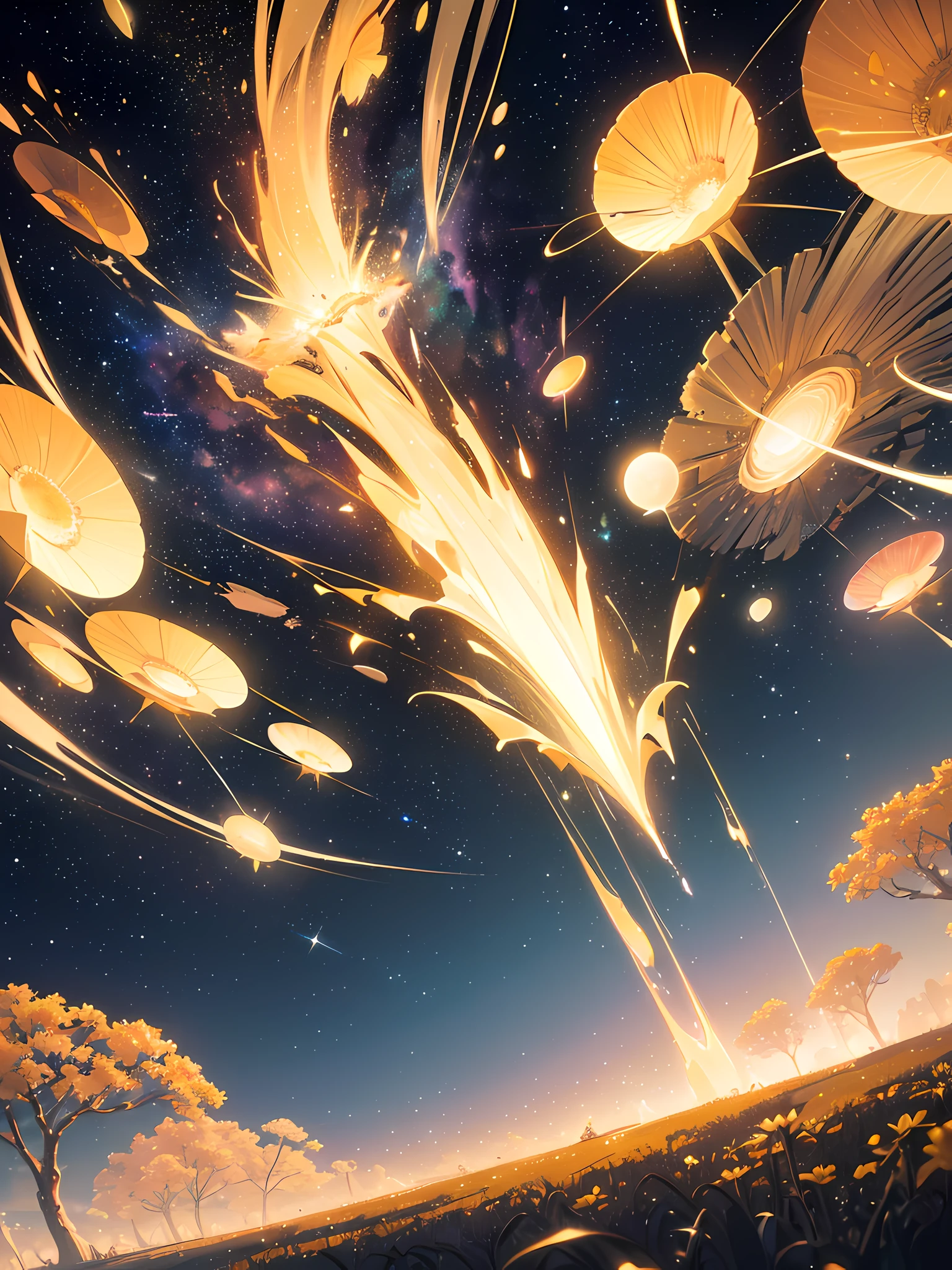Saturn in the starry sky between nebulas, skyward cliff tip, yellow and white flower trees, (ultra-realistic), {extremely detailed 8k CG unit wallpaper}, expansive landscape photography, (a low view that prioritizes character and setting, (wide view of open field), (low angle shot), (high light: 1.5), (low light: 1.0), (warm light source: 1.0), complex details, (colors iridescent: 1.5), (bright lighting), (atmospheric lighting), surreal, magical, landscape