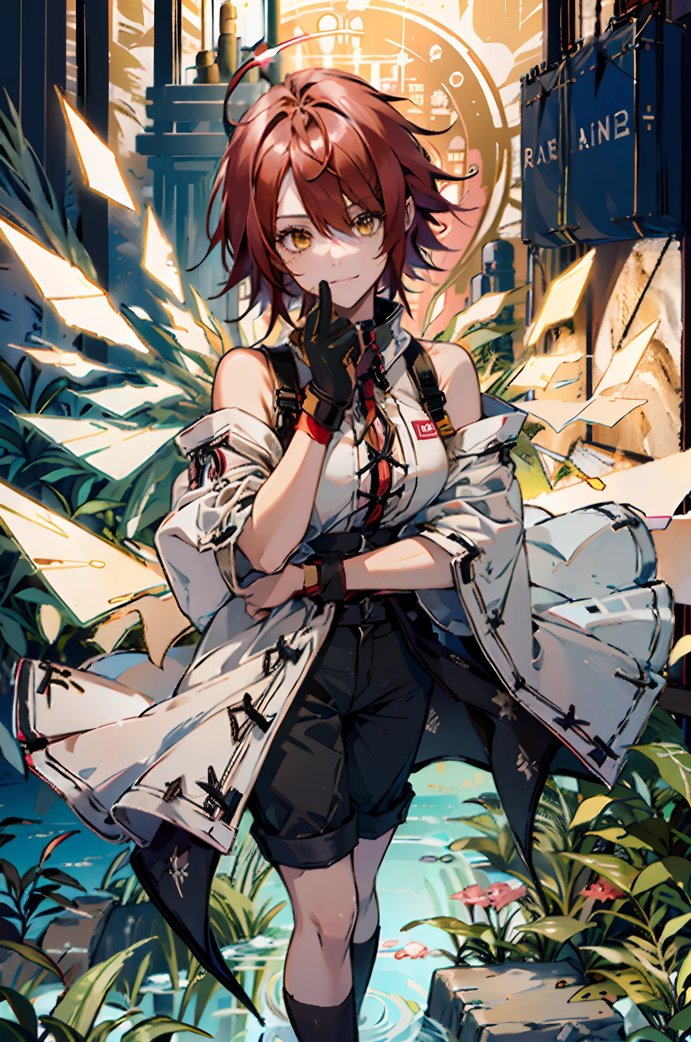 Pure sky，mechanical leg，Black mechanical legs，Plump legs，Red gem setting，Anime girl standing gracefully on the ground，Black cape and red hair, rogue anime girl, Anime girl standing, Wearing a cloak on the blasted plain, asuka suit under clothes!, angel girl, badass posture, mechanic punk outfit, anime styled 3d, render of a cute 3d anime girl, gapmoe yandere grimdark, Female character，musculature，Abs，glowing bright yellow eyes，Black hair with red gradient，short detailed hair，Bunched hair，Dull hair，（Muscle 2.0），Tomboyish，Be red in the face，looking at viewert，Elaborate Eyes，Black mechanical legs，huge tit，1.5，Put your hands in your pockets，ssmile，blacksilk，Straight big breasts，strappy，Black super short leather pants，White bandeau，Toothless smile，Lower breast，Mechanical wind，There are no cities，Side breasts，Excitation，Top crotch，Sexy lower abdomen，extremely large bosom，High-fork panties，looking at viewert，nabel，chest-hugging，The halo，dynamicposes，Tall anime girl，cropped shoulders，Clean and pure sky