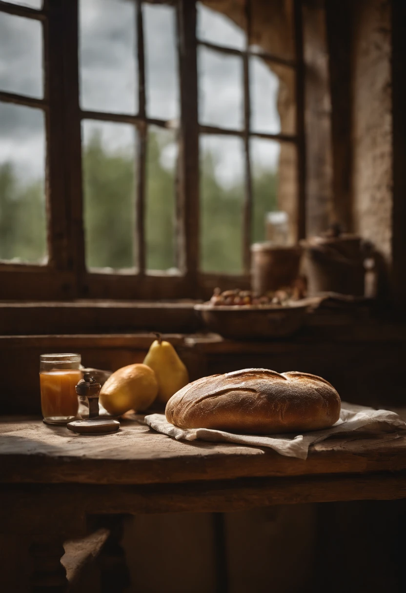 There is bread on the wooden table,drink,for breakfast,the fruits,Blue sky and white clouds,Idyllic