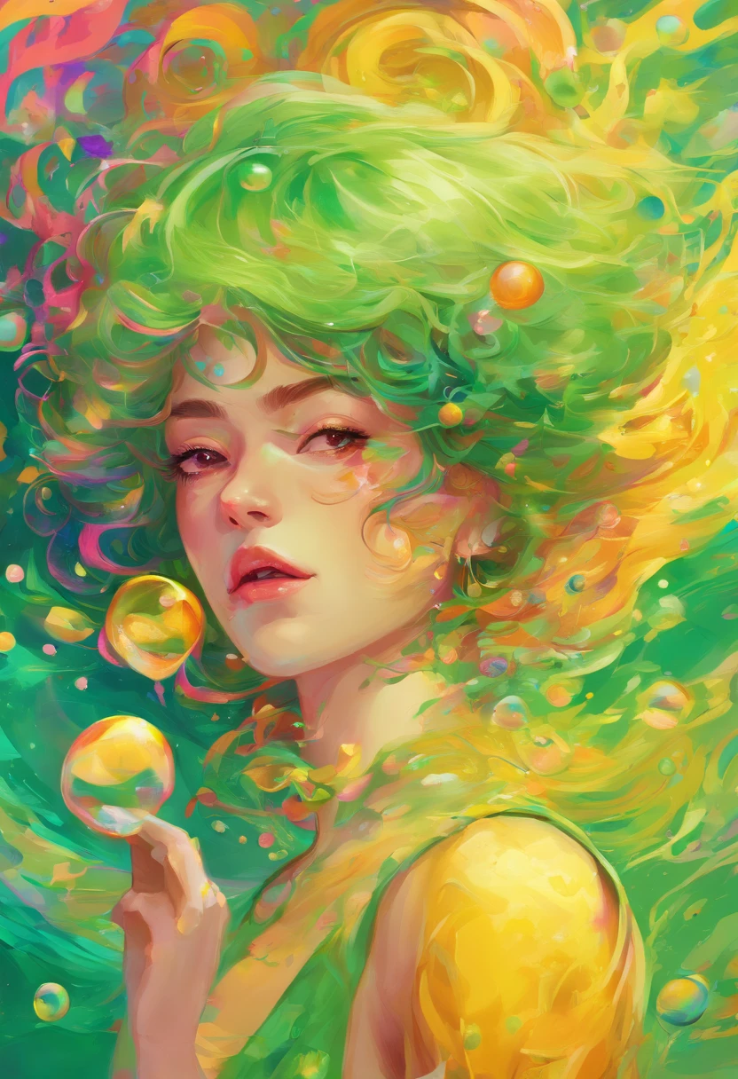 ((top-quality, 8K)), (Realistic), (Face Focus: 1.1), (green and yellow: 1.3), Kawaii Girl, short-hair, Body from the waist up, Hair fluttering in the wind, Facing to the side, Look up at your face, Eyes closed, (Sleeveless: 1.1), Skirt, D Cup Breasts, Countless soap bubbles,
