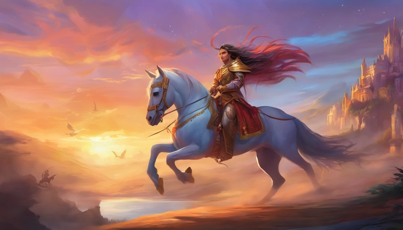 (melhor qualidade,Realistic),Traditional riding equipment,historical setting,joias coloridas,cocar ornamentado,flowing hair,Pose forte e confiante,bela paisagem,proud expression,cores vibrantes,rich cultural heritage,epic battle scene,Princess Warrior Vibrations,sunset lighting,feathers and beads.