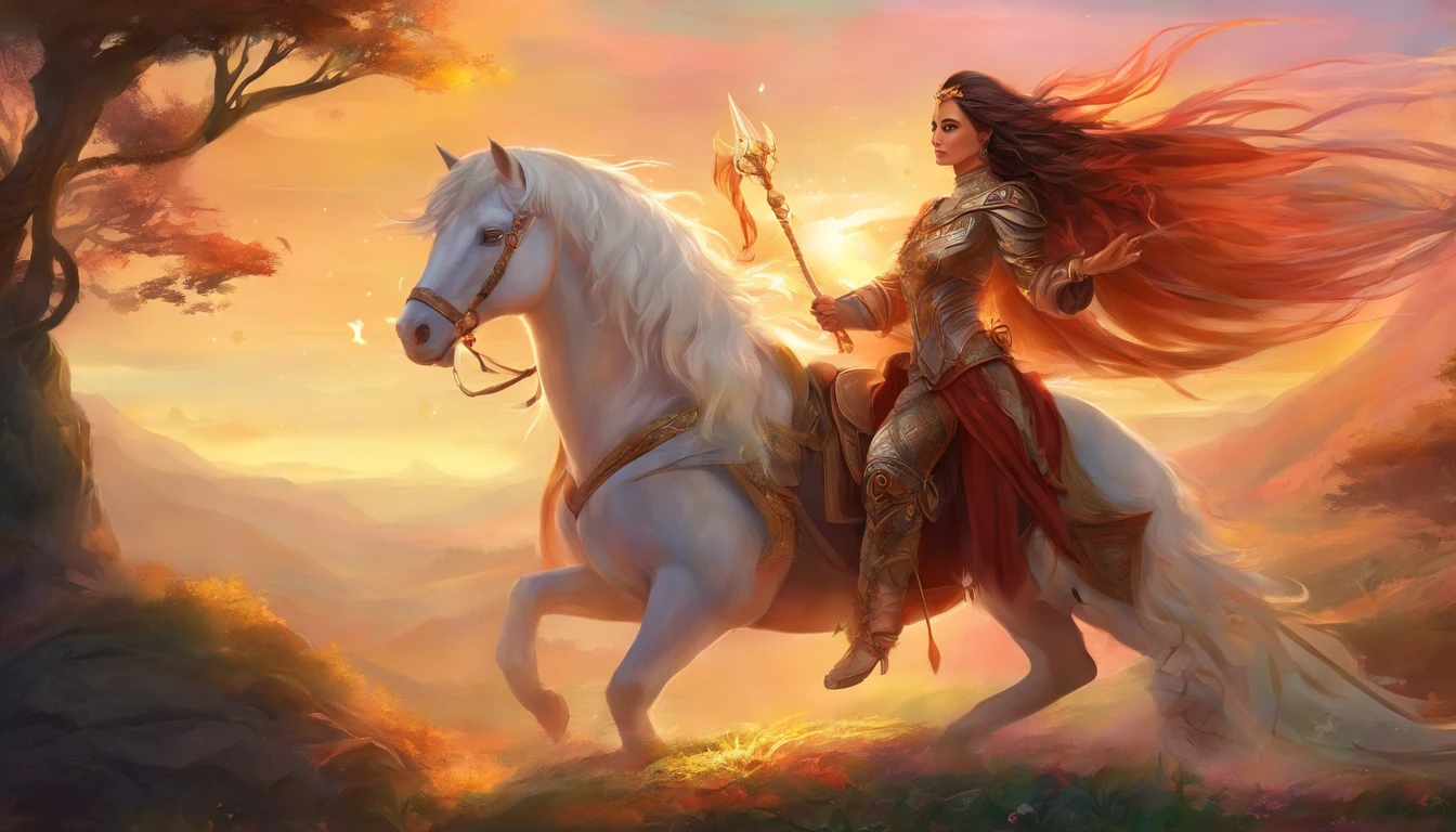 (melhor qualidade,Realistic),Traditional riding equipment,historical setting,joias coloridas,cocar ornamentado,flowing hair,Pose forte e confiante,bela paisagem,proud expression,cores vibrantes,rich cultural heritage,epic battle scene,Princess Warrior Vibrations,sunset lighting,feathers and beads.