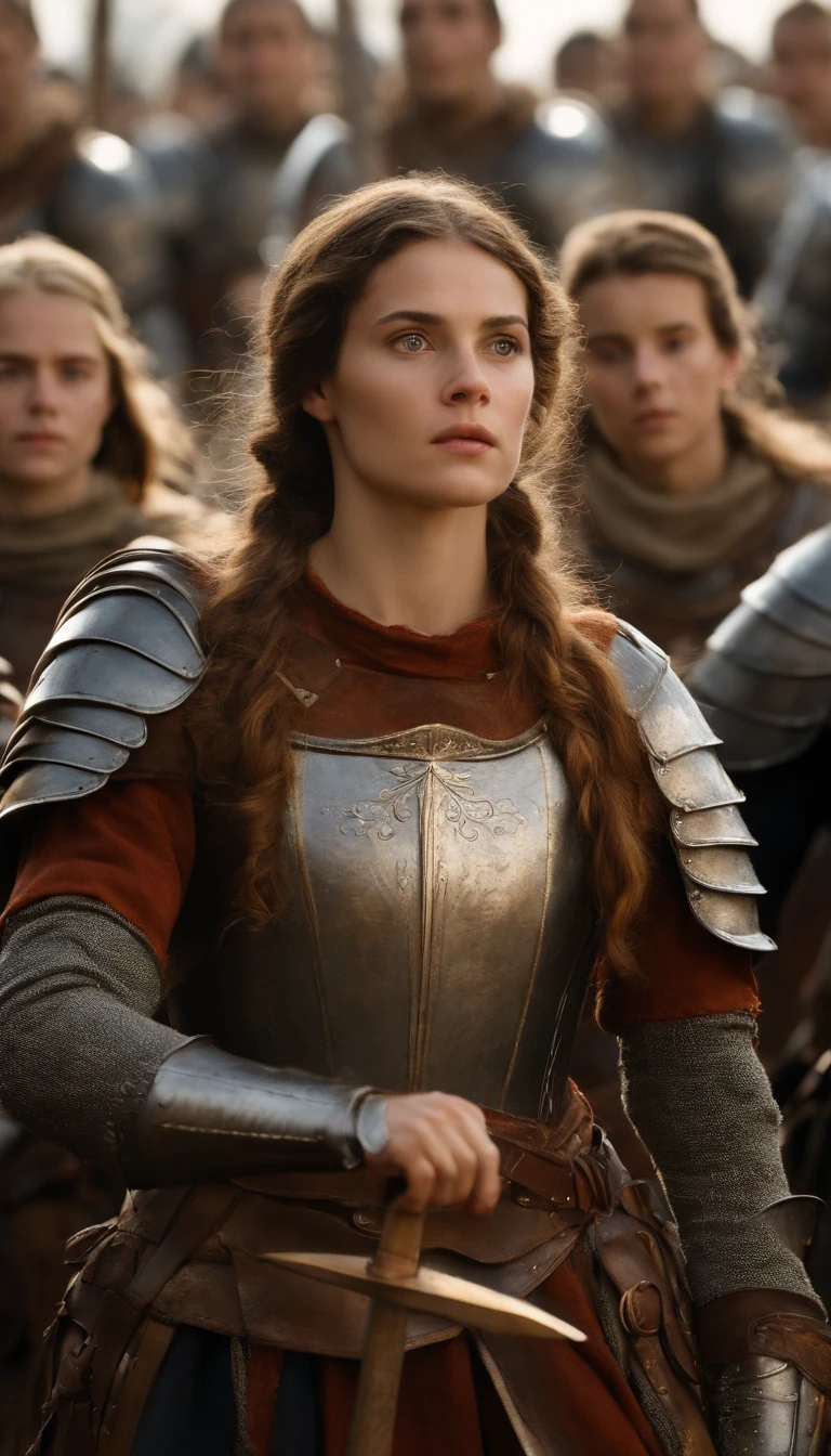 uana de Arco, a French peasant, clad in makeshift armor, leads her troops in the midst of the Hundred Years' War against English occupation. Her determined expression shines through as divine voices guide her path. A hyper-realistic, photo-realistic cinematography captures the moment in a 9:16 frame.