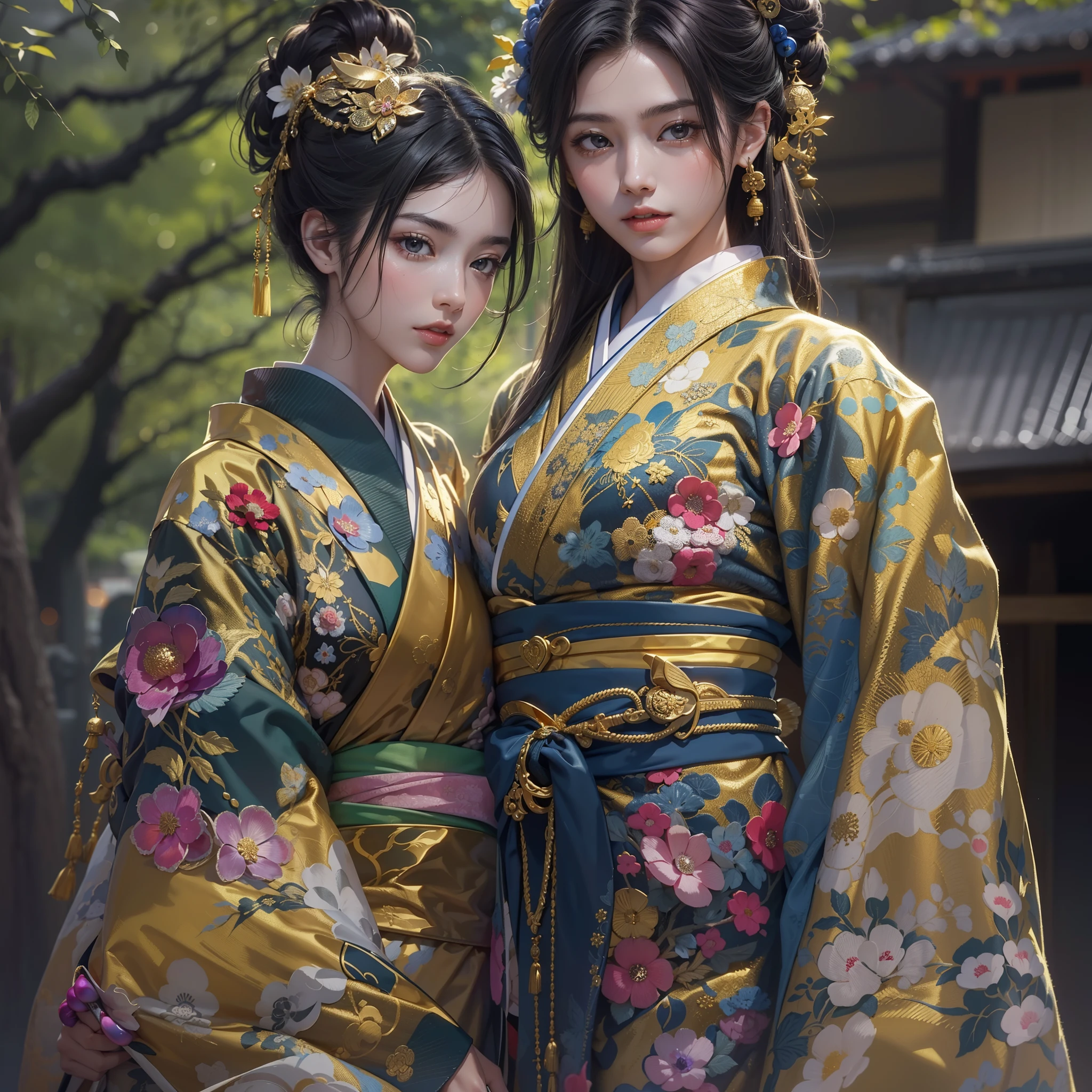 a moon、Detailed background((ancient city:1.2),细致背景)、Elegant backgrounds,Zen entanglement, mandalas, Tangled, Tangled,glossy dark hair,poneyTail,Lots of bouquets in hand, BREAK,elaborate costume{Luxury kimono(Colorful kimono(Detailed golden embroidery,))}、Japanese Idol(actress),Depict a beautiful and graceful woman of Japan。Heart in the eye。 Wallpapers 16K, .Blur the background with a sickle,((masutepiece)), ((Best Quality)),{{a portrait photo of}},full body Esbian