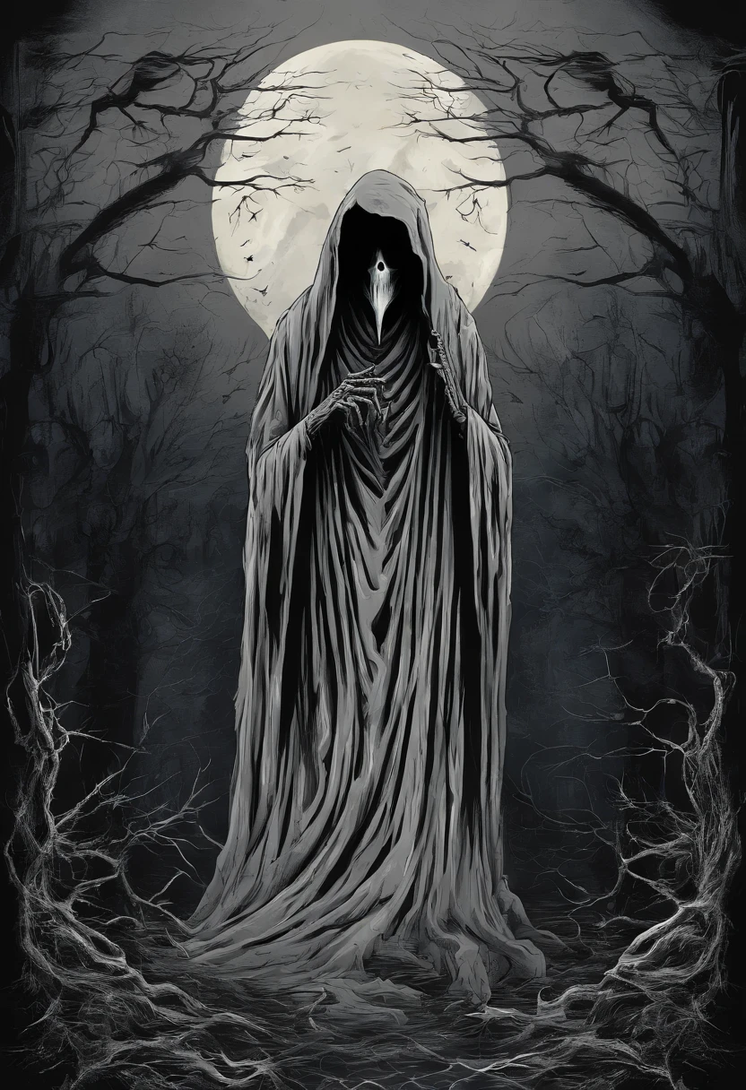 Create a spooky ghost design for a Halloween-themed T-shirt. The background should be pitch black to enhance the eerie atmosphere. The ghost should have a sinister yet captivating appearance, with wispy, flowing tendrils and a slightly translucent quality. Ensure that the design evokes a sense of mystery and fear, perfect for Halloween night. The final image should be suitable for printing on T-shirts and should be both visually striking and hauntingly beautiful."