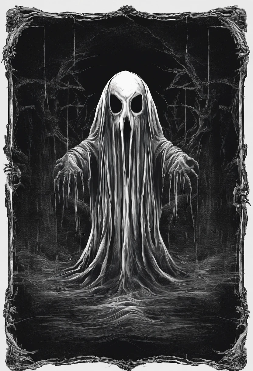 Create a spooky ghost design for a Halloween-themed T-shirt. The background should be pitch black to enhance the eerie atmosphere. The ghost should have a sinister yet captivating appearance, with wispy, flowing tendrils and a slightly translucent quality. Ensure that the design evokes a sense of mystery and fear, perfect for Halloween night. The final image should be suitable for printing on T-shirts and should be both visually striking and hauntingly beautiful."