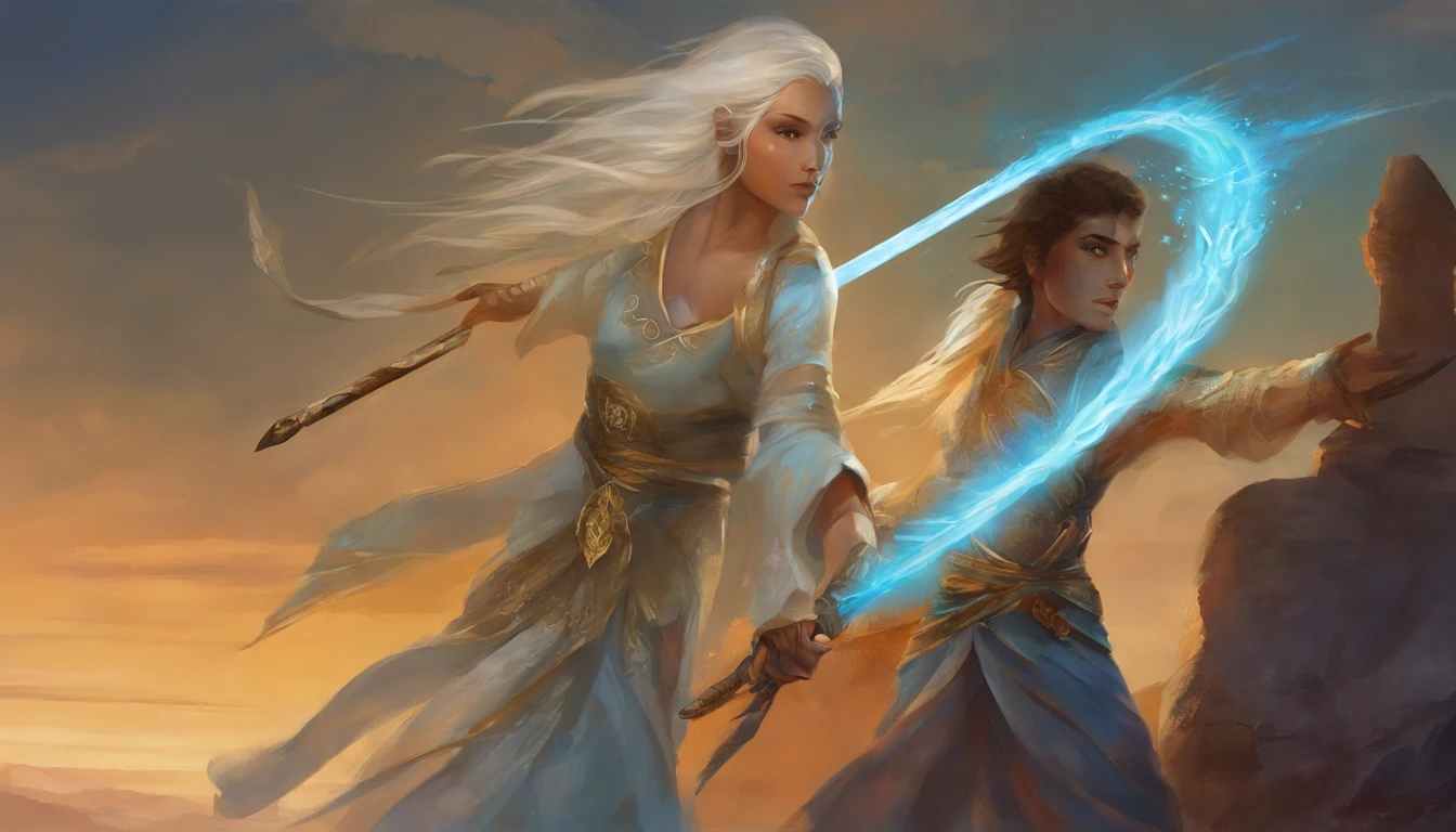 Dois ninjas( um homem e uma mulher) homem; nos vinte anos de idade, cabelos brancos e olhos azuis, Left hand with blue dagger.