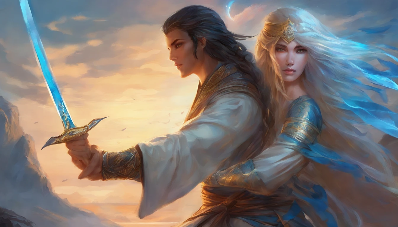Dois ninjas( um homem e uma mulher) homem; nos vinte anos de idade, cabelos brancos e olhos azuis, Left hand with blue dagger.