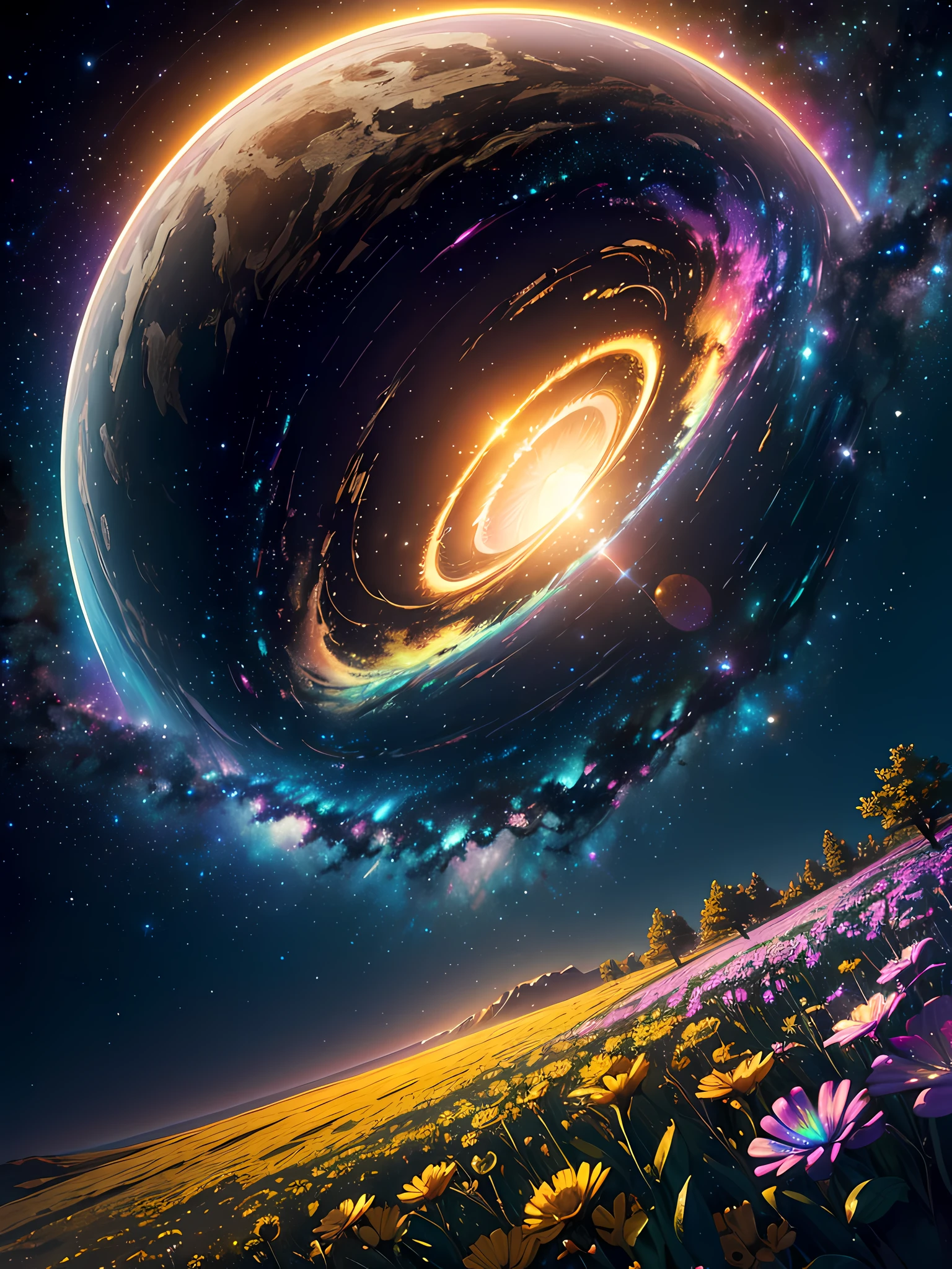 Saturn in the starry sky between nebulas, skyward cliff tip, yellow and white flower trees, (ultra-realistic), {extremely detailed 8k CG unit wallpaper}, expansive landscape photography, (a low view that prioritizes character and setting, (wide view of open field), (low angle shot), (high light: 1.5), (low light: 1.0), (warm light source: 1.0), complex details, (colors iridescent: 1.5), (bright lighting), (atmospheric lighting), surreal, magical, landscape