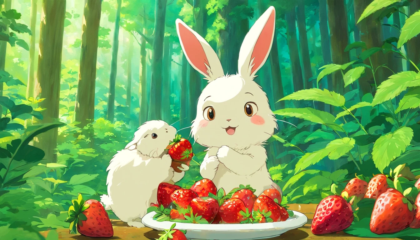 a beautiful and fluffy bunny eating strawberries, in the background of a forest