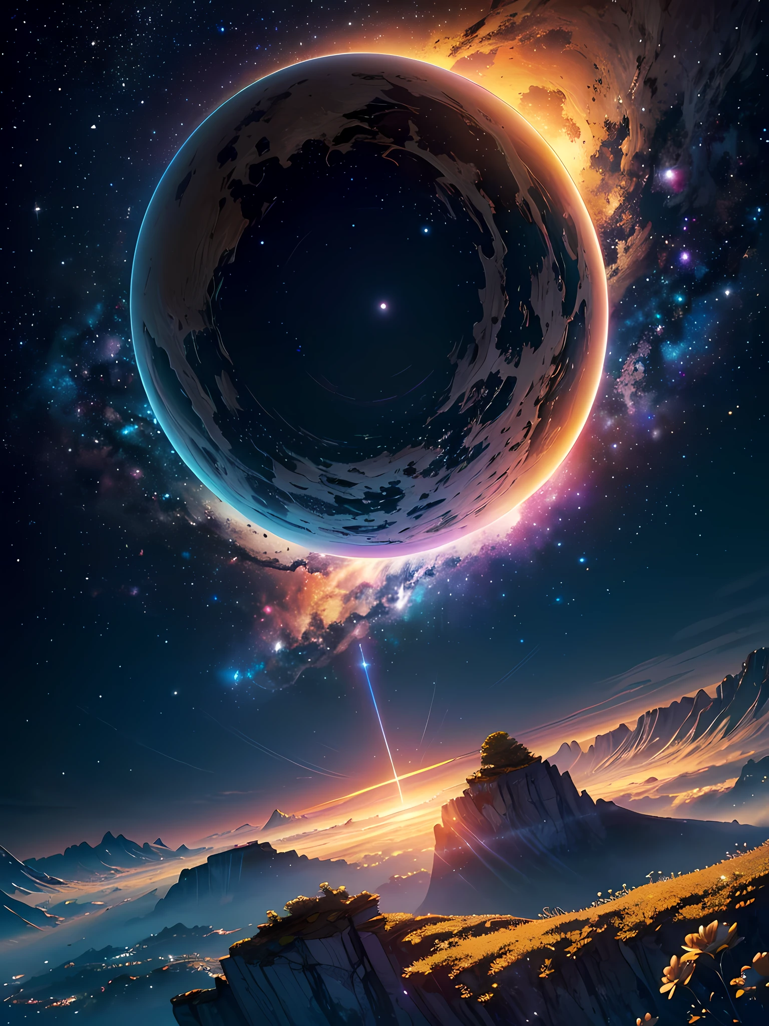 A view of a planet with a bright light shining in the sky - SeaArt AI