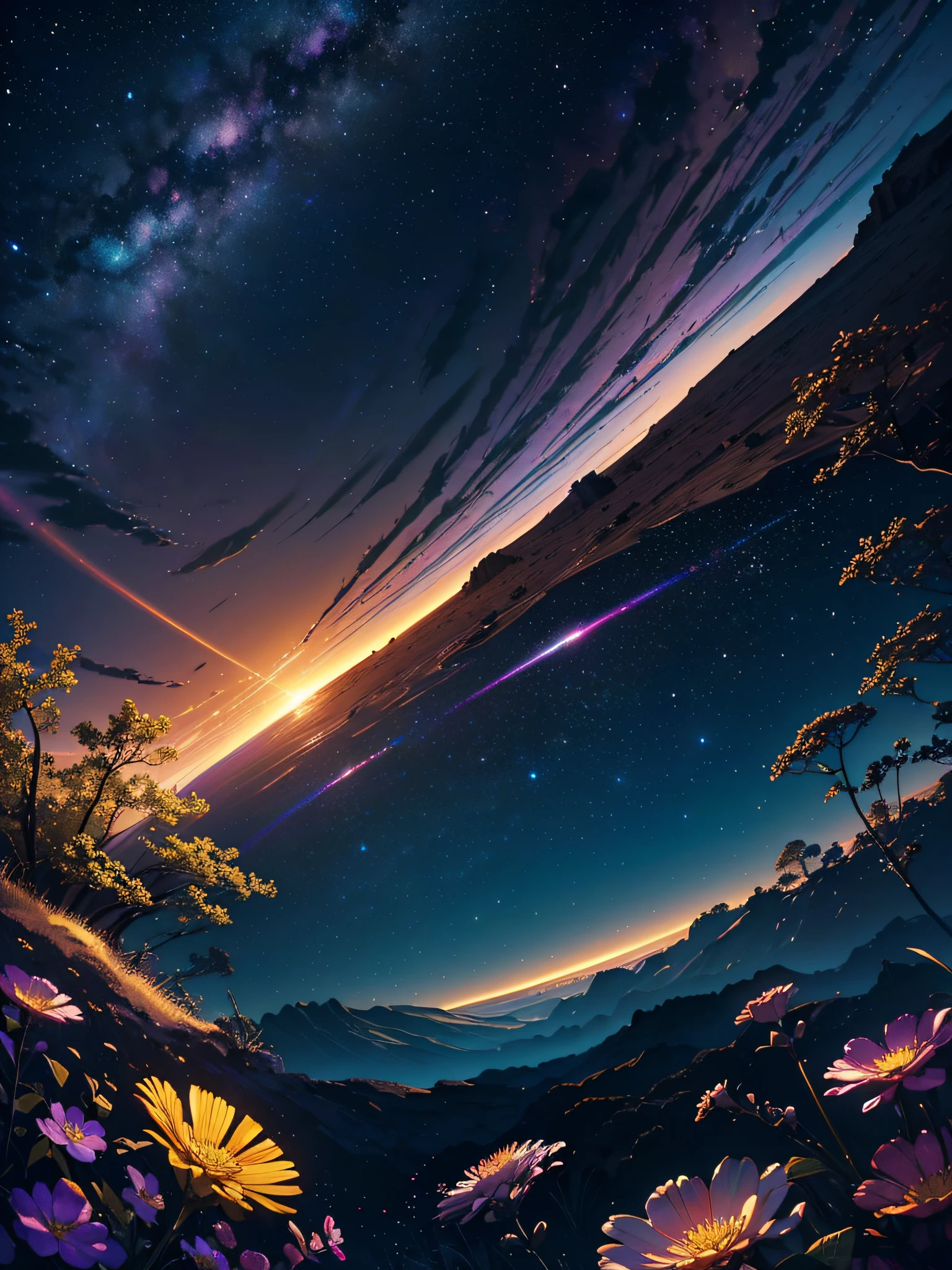 Saturn in the starry sky between nebulas, skyward cliff tip, yellow and white flower trees, (ultra-realistic), {extremely detailed 8k CG unit wallpaper}, expansive landscape photography, (a low view that prioritizes character and setting, (wide view of open field), (low angle shot), (high light: 1.5), (low light: 1.0), (warm light source: 1.0), complex details, (colors iridescent: 1.5), (bright lighting), (atmospheric lighting), surreal, magical, landscape