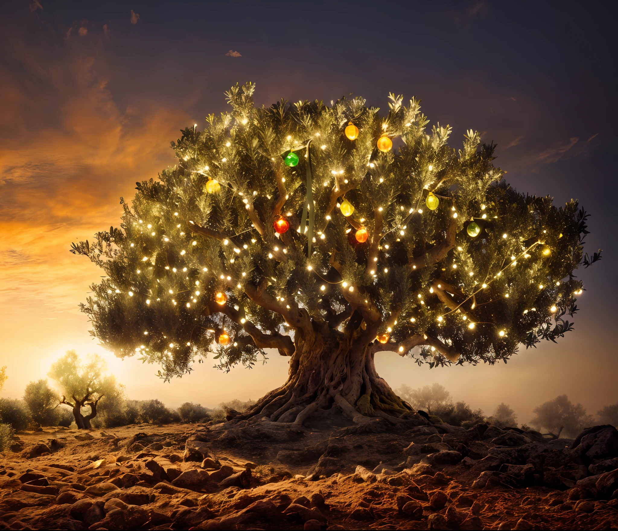 (an olive tree),(beautiful leaves),(sunset),(colorful ribbons among the leaves),(colorful lights among the olive tree leaves),(wonderful image),(Tree of Life),(highest definition,4k),(realistic photography)
