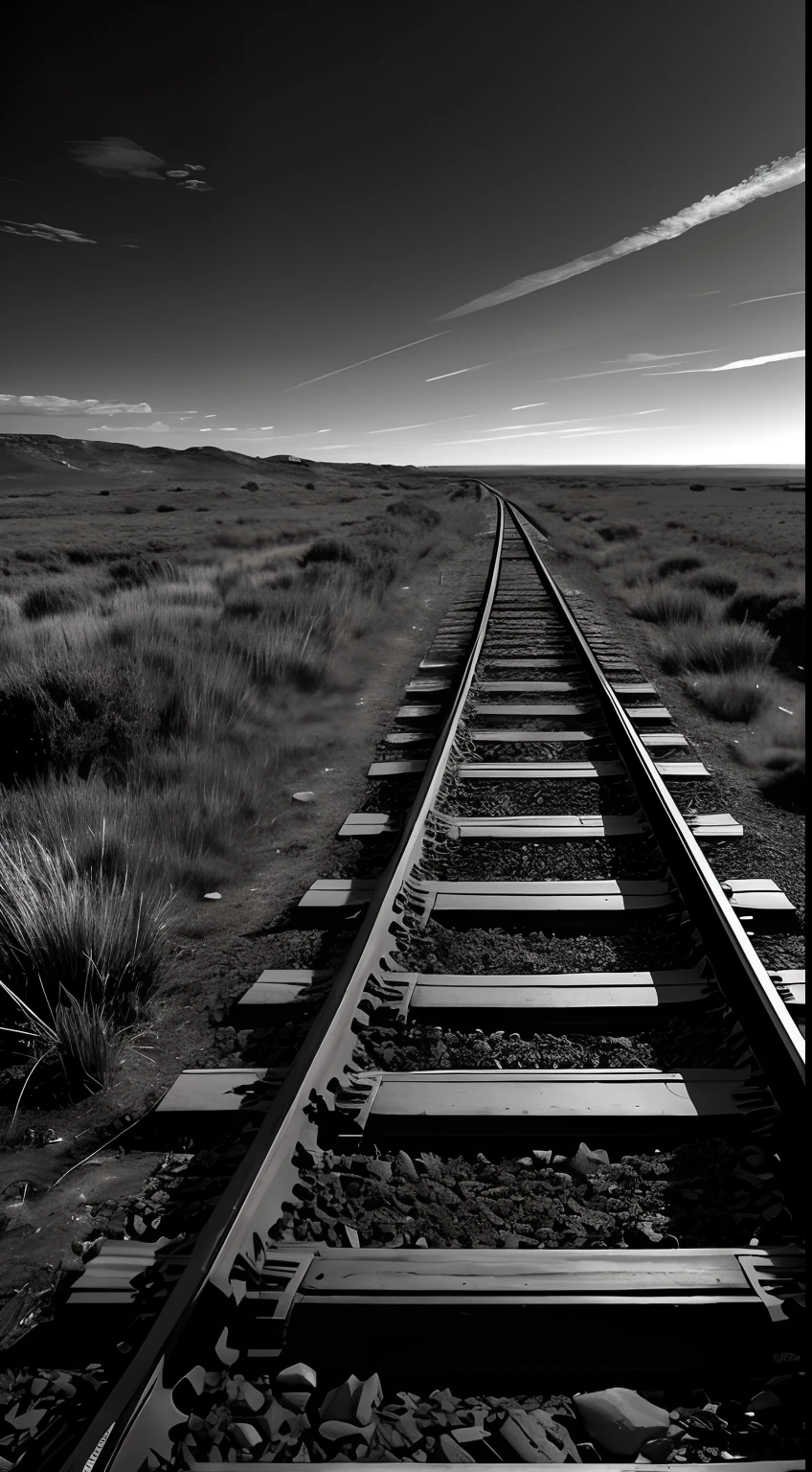 An old abandoned railway track, Stepping into the sky to a lone star; Black Style; Monochrome image; Texture clarity improved to the maximum; High-quality textures of rusty rails, Old sleepers, dusty fragments of rubble, wilted grass; Increased image detail; Photographically realistic star; The alluring glow of a star in the absolute infinity of the black sky as the only way out of a dying world