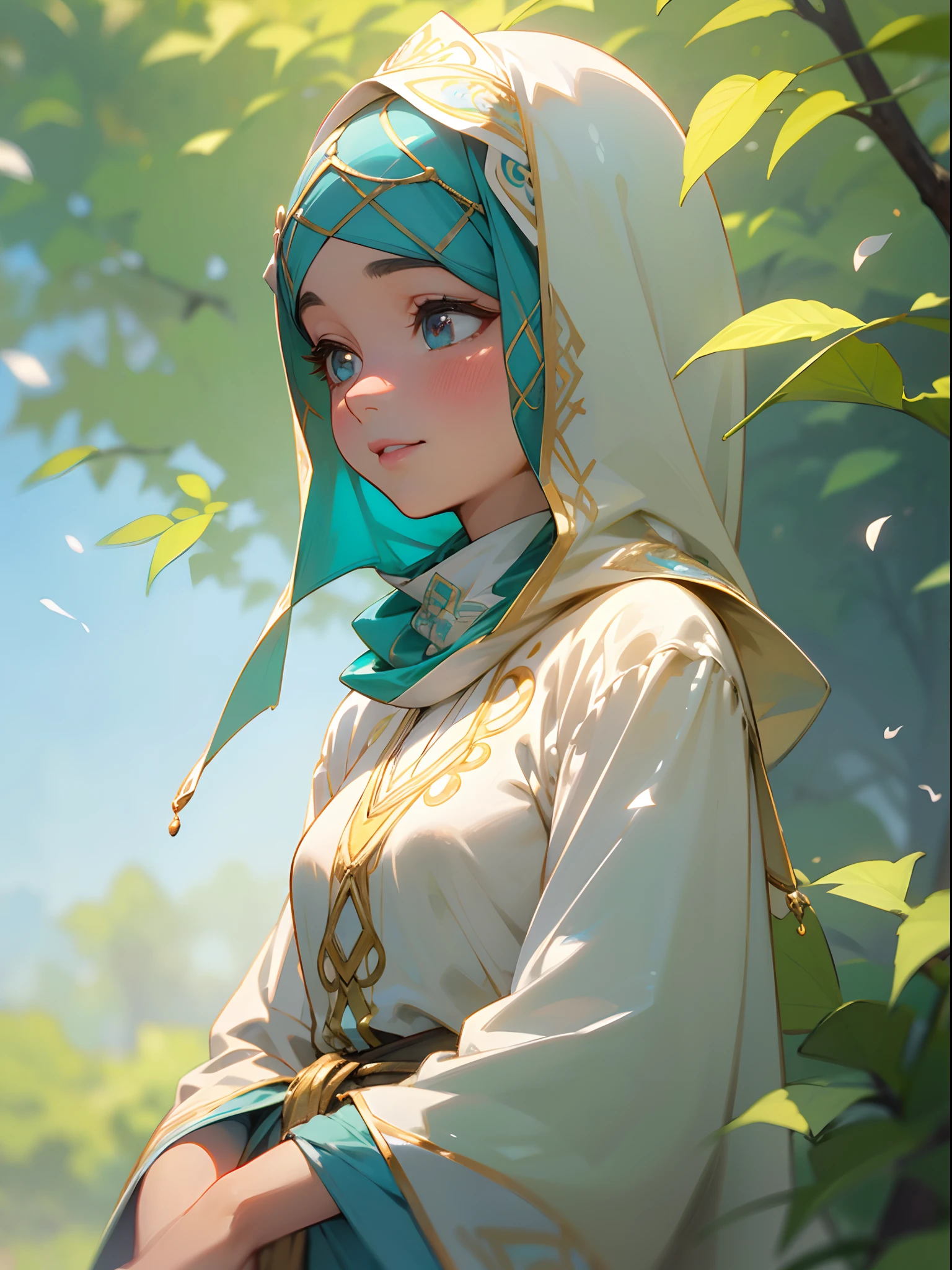 (best quality,4k,8k,highres,masterpiece:1.2),ultra-detailed,(realistic,photorealistic,photo-realistic:1.37),beautiful detailed eyes,beautiful detailed lips,extremely detailed eyes and face,long eyelashes,hijab attire,anime girl:wearing hijab,traditional hijab design,anime-style art,soft and vibrant colors,golden-hour lighting,peaceful garden background,flower-filled garden,emerald-green grass,glowing sunlight filtering through trees,dappled sunlight on hijab,serene expression,gentle smile,kind eyes,modest and confident pose,dainty and slender hands,sparkling eyes under hijab,delicate hijab embroidery,detailed outfit patterns,flowing hijab fabric,breeze gently lifting hijab,touch of cultural fusion in outfit,charming and ethereal appearance,majestic hijab with vibrant patterns,light and airy hijab material,graceful and elegant posture,soft pastel color scheme,subtle blush on cheeks,warm sunlight illuminating the hijab,eye-catching accessories,gentle breeze rustling the hijab,peaceful expression on face,subtle anime-inspired stylization,delicate hair strands peeking from hijab