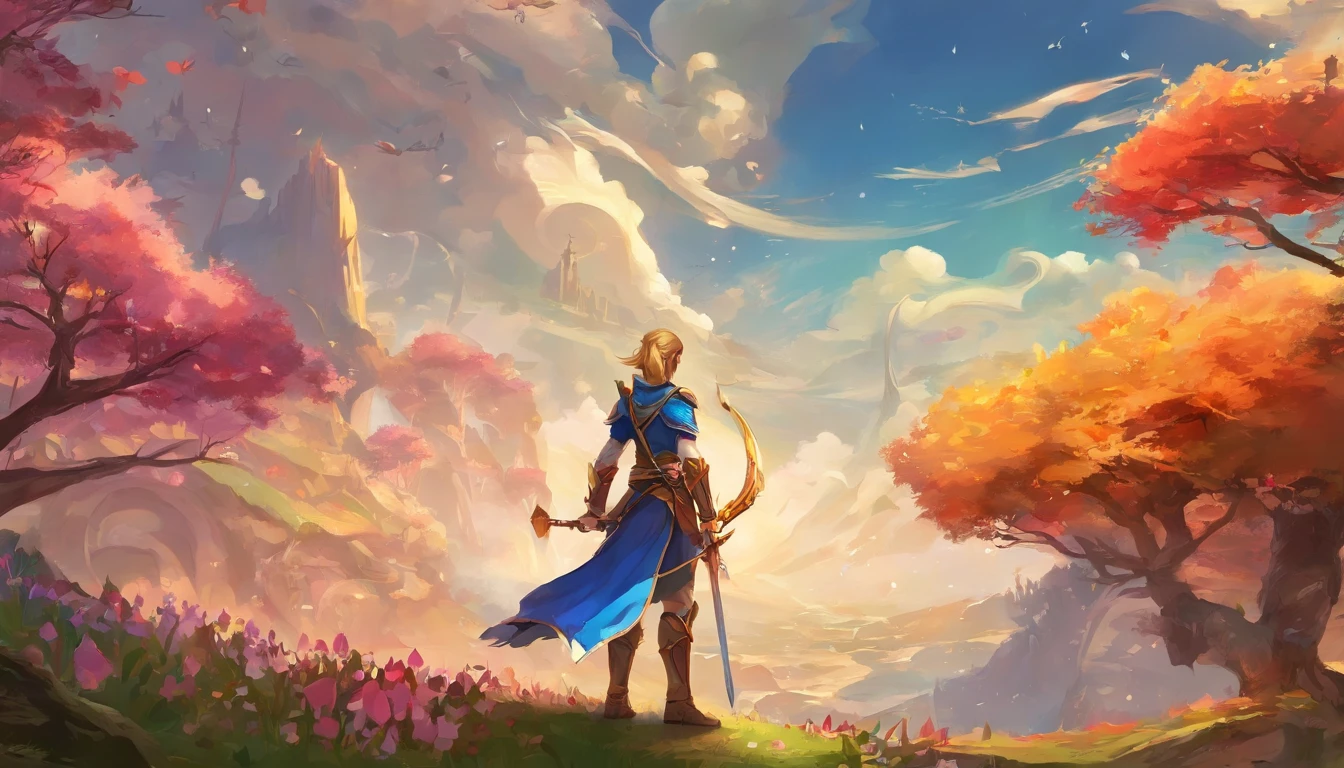 um close up de uma pessoa segurando uma espada e uma espada, Palutenasmash, Senhora Palutena, Palutena, Zelda, Retrato de Link, link de Zelda, arte oficial do personagem, Link de The Legend of Zelda, de A Lenda de Zelda, Arte Oficial, Sopro do Estilo Selvagem, casimiro arte, super smash bros.« David Bowie Defeat the brave Takraw Demon Lord Brave costume Vast landscape photo with a sword、(View from below with a view of the sky and desert below)、Girl standing in a field of flowers and looking up、(lua cheia:1.2)、(estrelas cadentes:0.9)、(Nebulosas:1.3)、montanha ao longe、tree BREAK production art、(Fonte de luz de cor quente:1.2)、(vagalumes:1.2)、abajour、roxo e laranja、detalhes intrincados、Volume Lighting、Realismo BREAK (obra prima:1.2)、(qualidade superior)、4k、ultra-detalhes、(The composition of the movement:1.4)、Detalhes muito detalhados e coloridos、(Cores iridescentes:1.2)、(bright illumination、Atmospheric Illumination)、Semelhante a um sonho、magica、(solo:1.2)