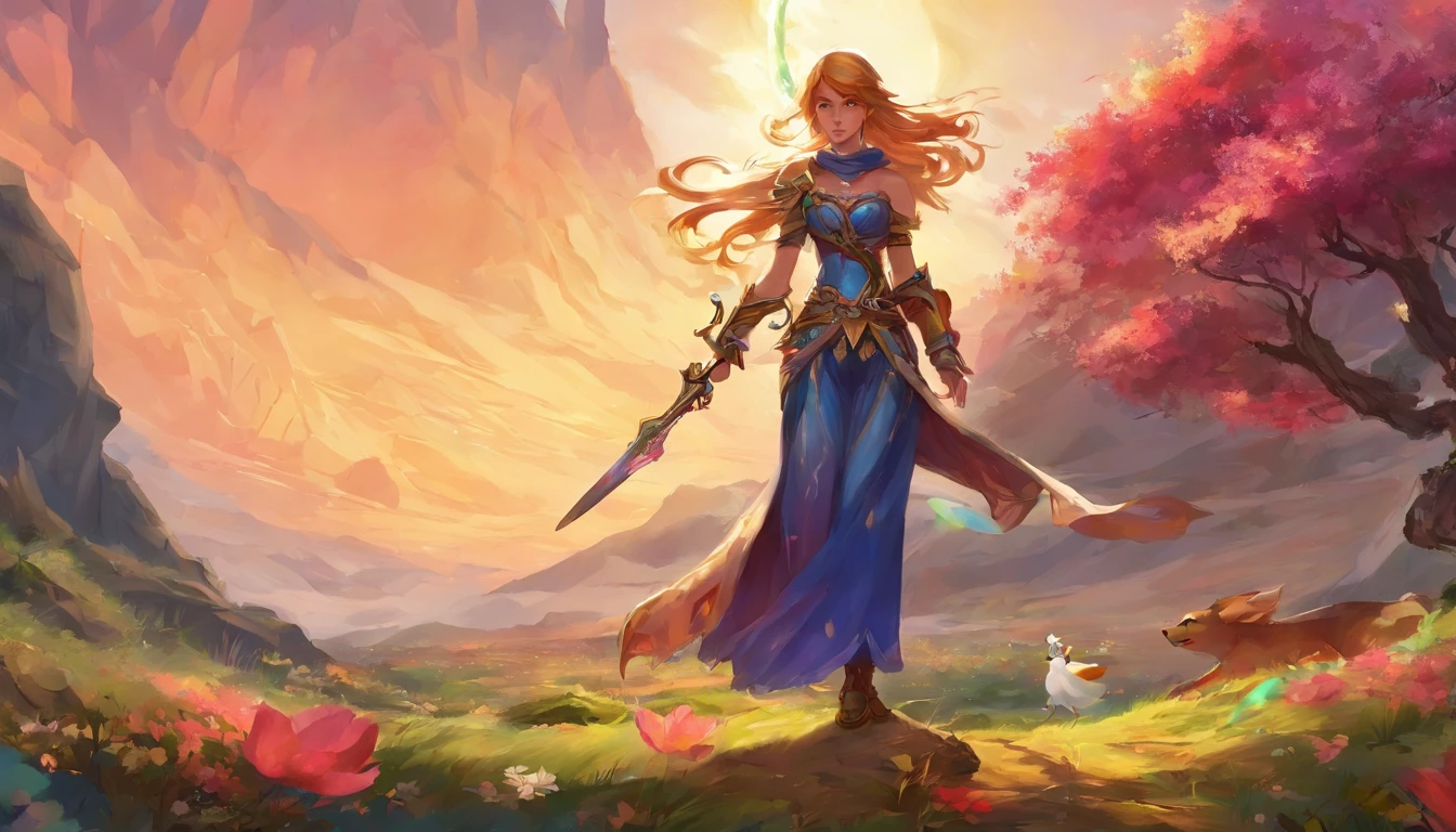 um close up de uma pessoa segurando uma espada e uma espada, Palutenasmash, Senhora Palutena, Palutena, Zelda, Retrato de Link, link de Zelda, arte oficial do personagem, Link de The Legend of Zelda, de A Lenda de Zelda, Arte Oficial, Sopro do Estilo Selvagem, casimiro arte, super smash bros.« David Bowie Defeat the brave Takraw Demon Lord Brave costume Vast landscape photo with a sword、（View from below with a view of the sky and desert below）、Girl standing in a field of flowers and looking up、（lua cheia：1.2）、（estrelas cadentes：0.9）、（Nebulosas：1.3）、montanha ao longe、tree BREAK production art、(Fonte de luz de cor quente:1.2)、(vagalumes:1.2)、abajour、roxo e laranja、detalhes intrincados、Volume Lighting、Realismo BREAK (obra prima:1.2)、(qualidade superior)、4k、ultra-detalhes、(The composition of the movement:1.4)、Detalhes muito detalhados e coloridos、(Cores iridescentes:1.2)、(bright illumination、Atmospheric Illumination)、Semelhante a um sonho、magica、(solo:1.2)