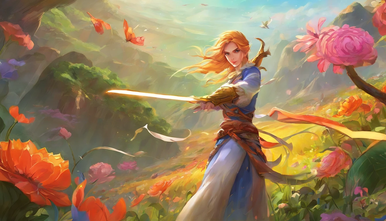 um close up de uma pessoa segurando uma espada e uma espada, Palutenasmash, Senhora Palutena, Palutena, Zelda, Retrato de Link, link de Zelda, arte oficial do personagem, Link de The Legend of Zelda, de A Lenda de Zelda, Arte Oficial, Sopro do Estilo Selvagem, casimiro arte, super smash bros.« David Bowie Defeat the brave Takraw Demon Lord Brave costume Vast landscape photo with a sword、(View from below with a view of the sky and desert below)、Girl standing in a field of flowers and looking up、(lua cheia:1.2)、(estrelas cadentes:0.9)、(Nebulosas:1.3)、montanha ao longe、tree BREAK production art、(Fonte de luz de cor quente:1.2)、(vagalumes:1.2)、abajour、roxo e laranja、detalhes intrincados、Volume Lighting、Realismo BREAK (obra prima:1.2)、(qualidade superior)、4k、ultra-detalhes、(The composition of the movement:1.4)、Detalhes muito detalhados e coloridos、(Cores iridescentes:1.2)、(bright illumination、Atmospheric Illumination)、Semelhante a um sonho、magica、(solo:1.2)