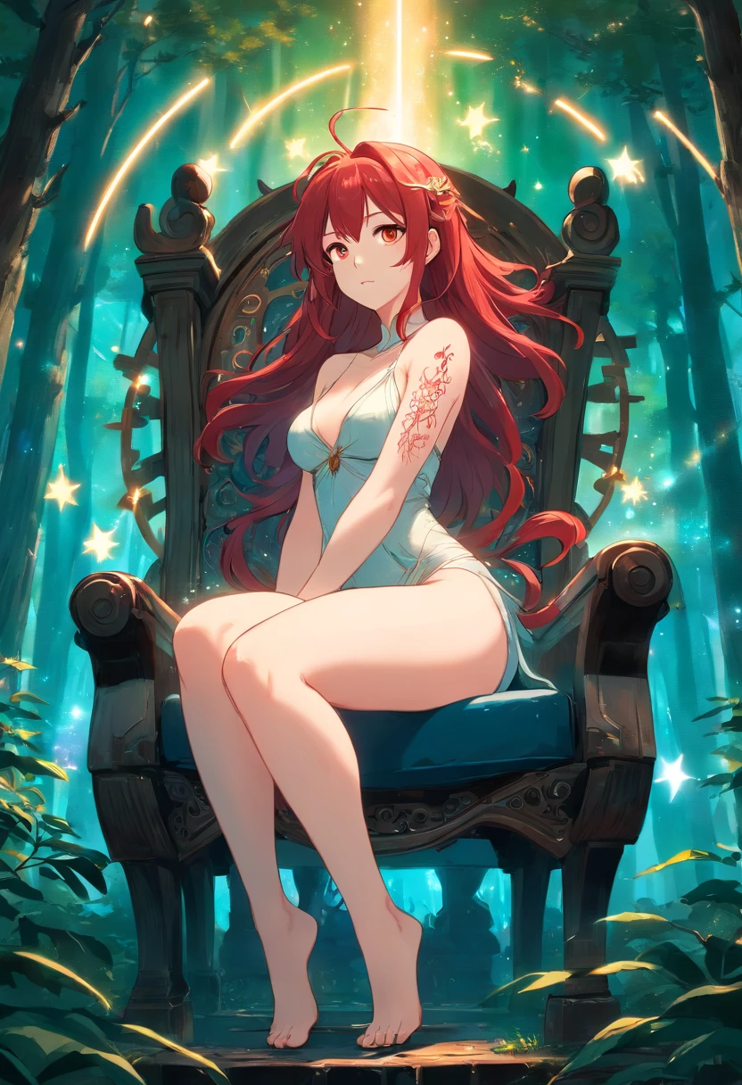 Bold graphic illustration, glowing filigree constellation tattoos, dark fantasy, full body shot of a lovely curvy voluptuous busty white woman with red dreadlocks on a throne in a enchanted forest