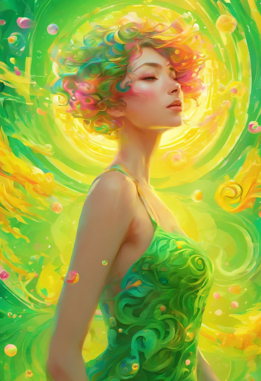 ((top-quality, 8K)), (Realistic), (Face Focus: 1.1), (green and yellow: 1.3), Kawaii Girl, short-hair, Body from the waist up, Hair fluttering in the wind, Facing to the side, Look up at your face, Eyes closed, (Sleeveless: 1.1), Skirt, D Cup Breasts, Countless soap bubbles,
