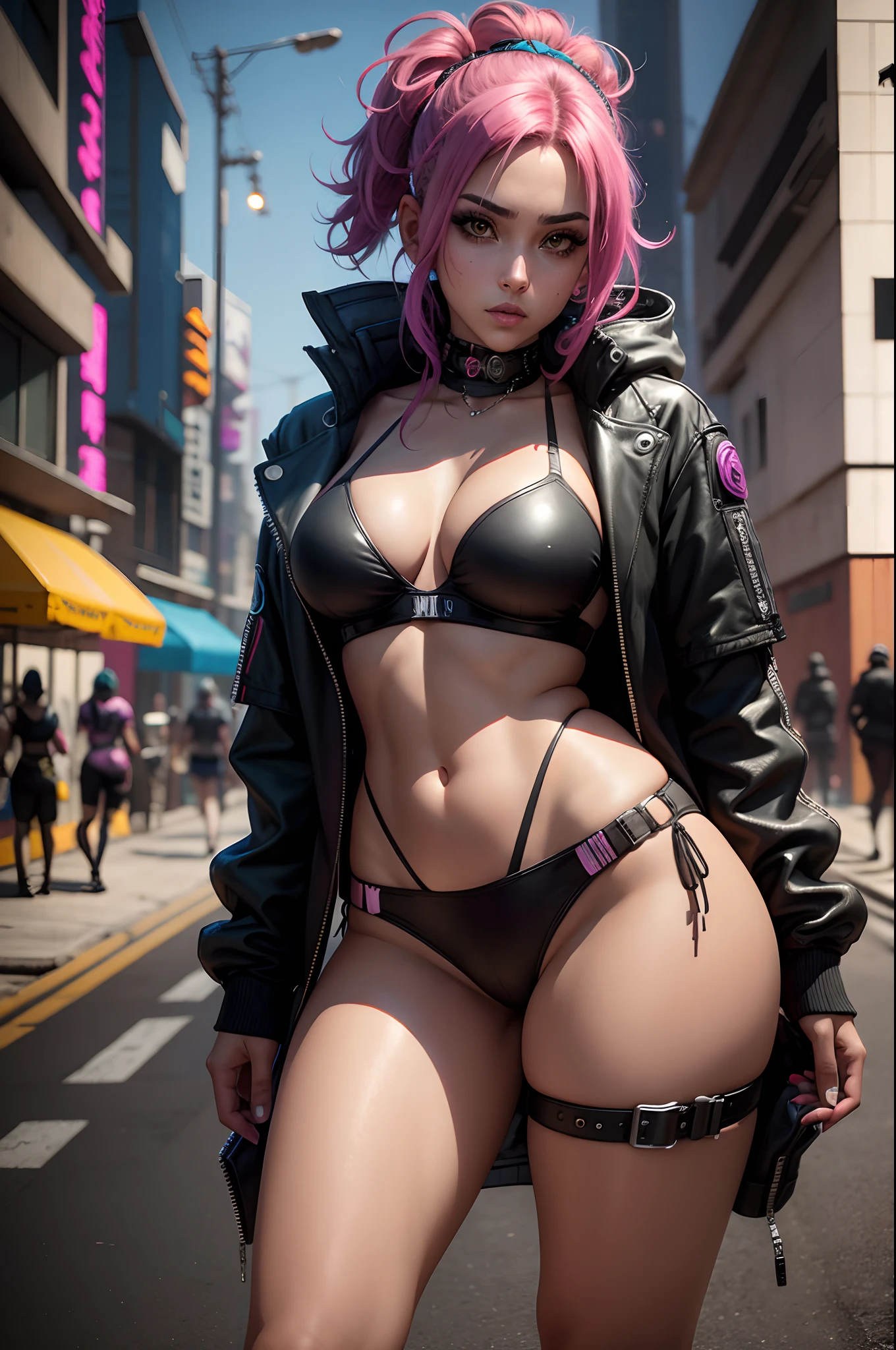 Una mujer en bikini rosa y chaqueta negra sentada en la calle, Estilo de arte cyberpunk, cyberpunk 2 0 y. o Chica modelo, Estilo cyberpunk hiperrealista, vibraciones cyberpunk, Estilo cyberpunk , Hiperrealista, Cyberpunk hermosa chica, Arte cyberpunk ultrarrealista 8K, Chica cyberpunk, Arte cyberpunk, Chica femenina de anime cyberpunk, en estilo cyberpunk, cyberpunk judy alvarez