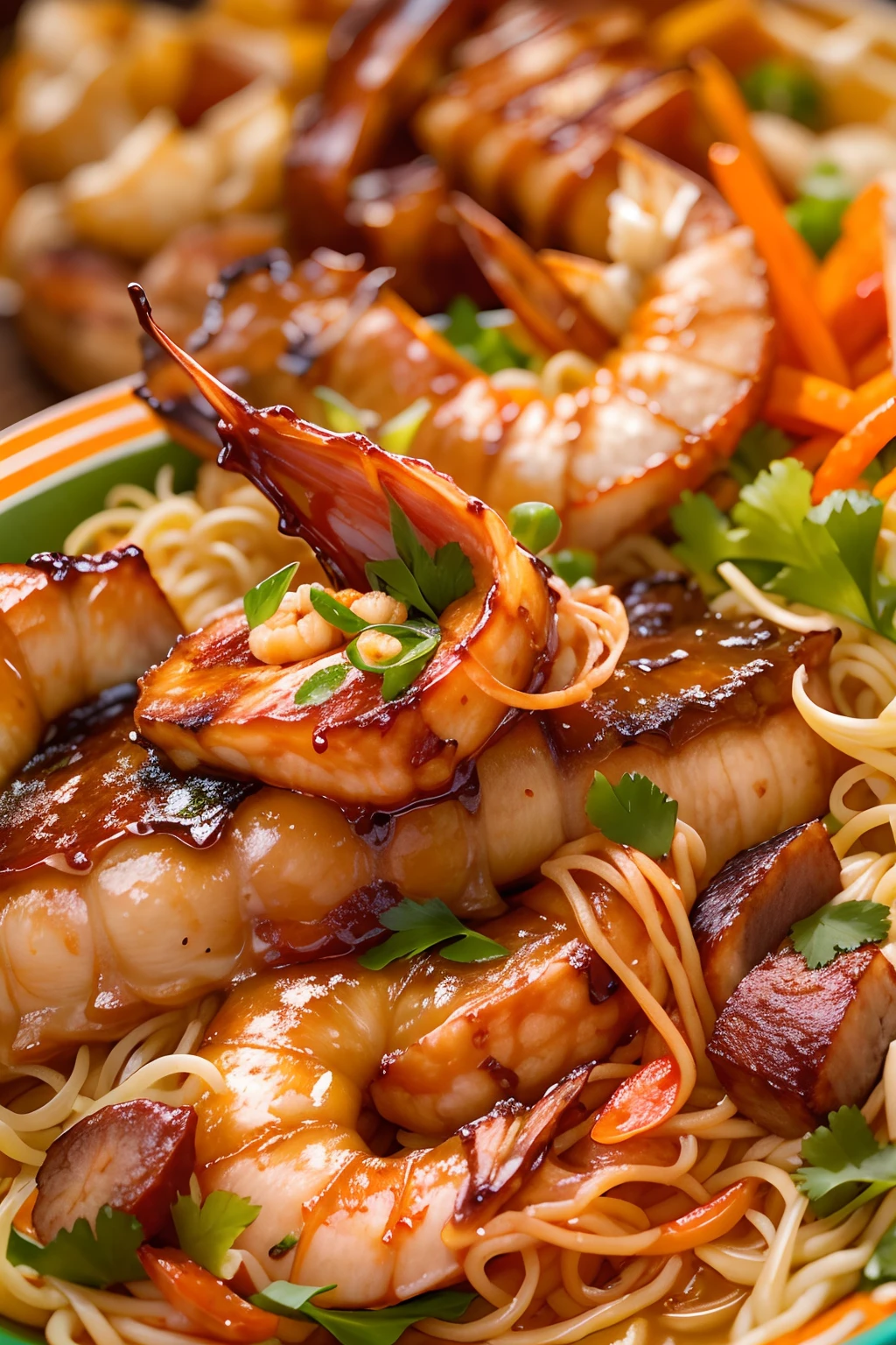 A bowl of noodles on the table, It has char siu on top, vegetable, shrimps, Shallot crisp..