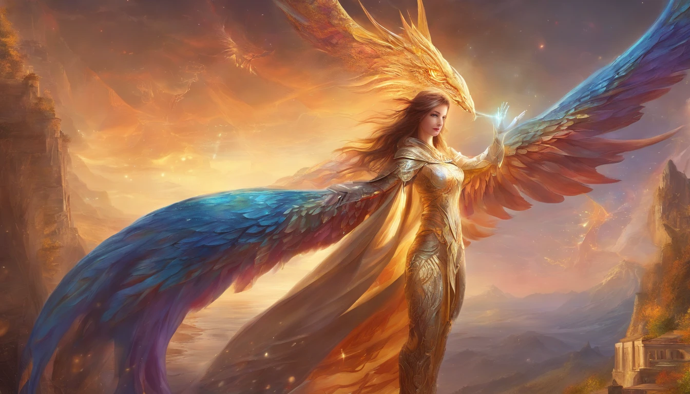 (masterpiece, top quality, best quality, official art, beautiful and aesthetic:1.2), (1girl), extreme detailed eyes, (fractal art:1.3), colorful, highest detailed, (perfect face), shiny skin, HDR, (white cloak golden lines:1.2), galaxy, (light streaks), striking visuals, (dynamic streaks, luminous trails:1.2), vibrant colors, (phoenix), (dragon)