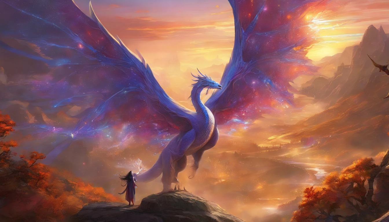(masterpiece, top quality, best quality, official art, beautiful and aesthetic:1.2), (1girl), extreme detailed eyes, (fractal art:1.3), colorful, highest detailed, (perfect face), shiny skin, HDR, (white cloak golden lines:1.2), galaxy, (light streaks), striking visuals, (dynamic streaks, luminous trails:1.2), vibrant colors, (phoenix), (dragon)