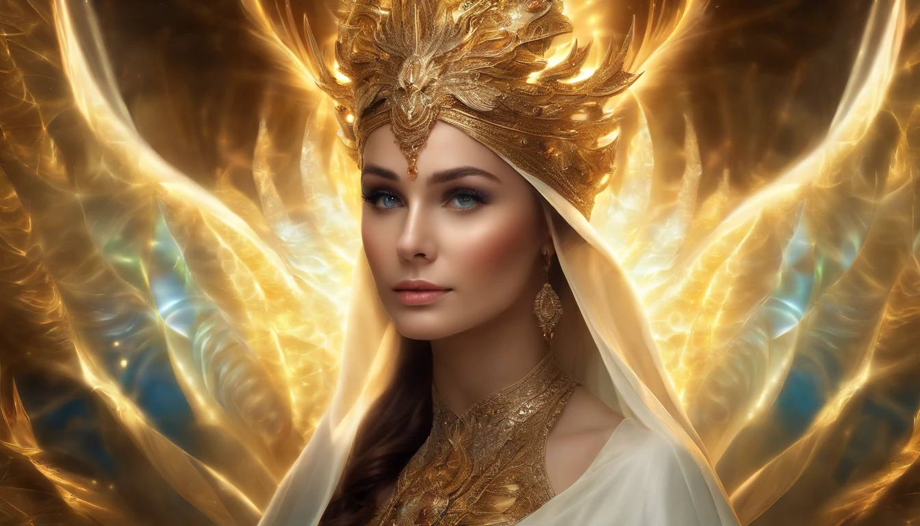 (masterpiece, top quality, best quality, official art, beautiful and aesthetic:1.2), (1girl), extreme detailed eyes, (fractal art:1.3), colorful, highest detailed, (perfect face), shiny skin, HDR, (white cloak golden lines:1.2), galaxy, (light streaks), striking visuals, (dynamic streaks, luminous trails:1.2), vibrant colors, (phoenix), (dragon)