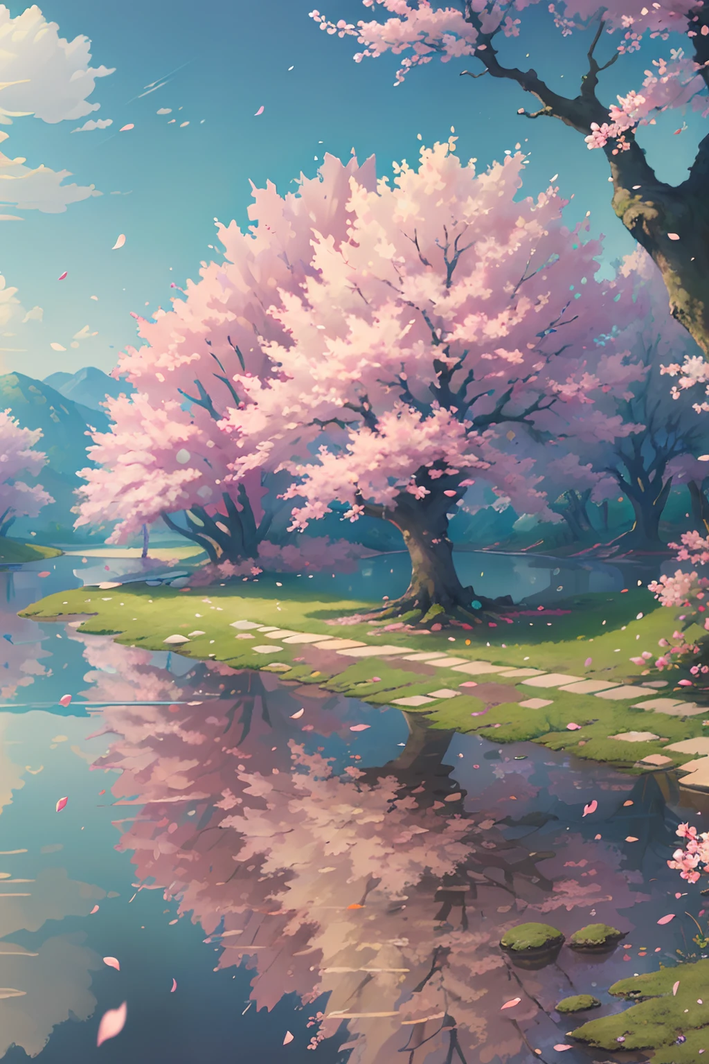original,(illustration:1.1),(best quality),(masterpiece:1.1),(extremely detailed CG unity 8k wallpaper), (colorful:1.2), sakura tree, sakura petals,landscape, river|road,